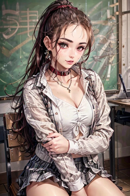 ((highest quality, 8k, masterpiece: 1.3)),((Amazing details: 1.2)),((shape: 1.1)), (Realistic, photoRealistic:1.4), Female Solo,high school girl、Shiny skin, thin, beautiful 髪, Beautiful Face, Highly detailed face, beautiful detailed 目, Beautiful clavicle, Beautiful body, Beautiful breasts, Beautiful thighs, Beautiful legs, Beautiful fingers, (High-quality fabric, red checked tie, A white shirt with a long sleeve and a collar, Grey plaid pleated skirt), Black socks, , (Beautiful views), morning, (classroom) ,,ponytail、 Long eyelashes, Solid Circle Eye, Captivating smile、blush:1.4、tongue、Cleavage:1.3、necklace、(Close one eye、Wink)、(（Sitting on the floor、Sit with your knees together、Sit with your knees bent))、Mid-chest、Short tops、Low-rise skirt、Slender body、Toned Abs、