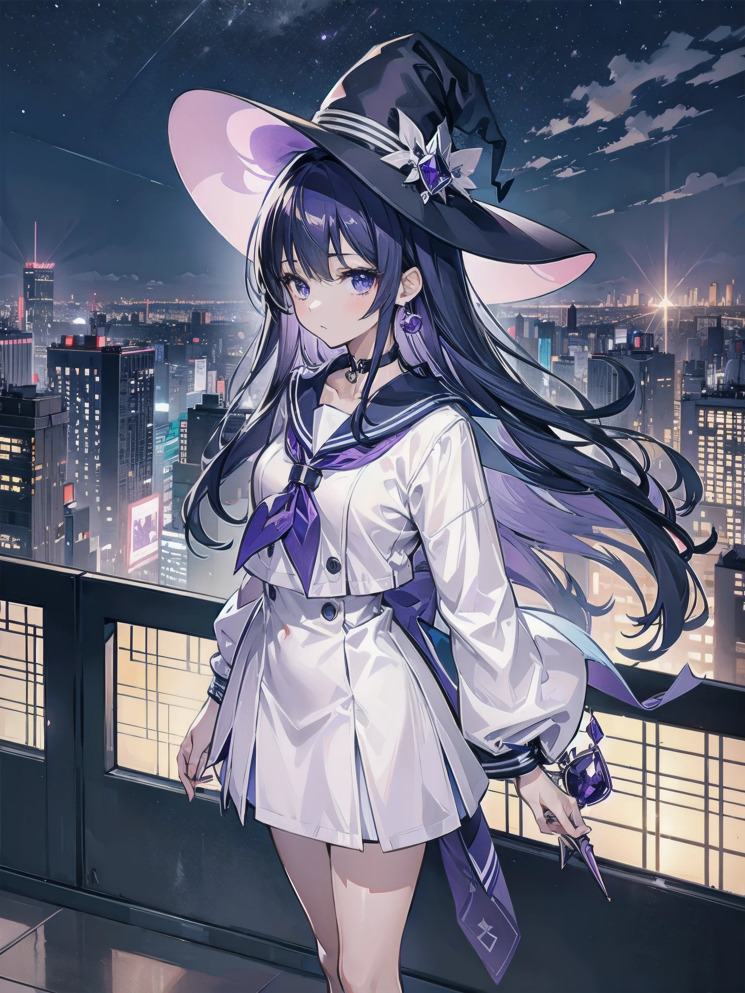 A girl stands on the rooftop of a high-rise building overlooking Tokyo late at night、High school student wearing sailor suit、She wears a large witch&#39;s hat with sapphire and amethyst accessories.、
