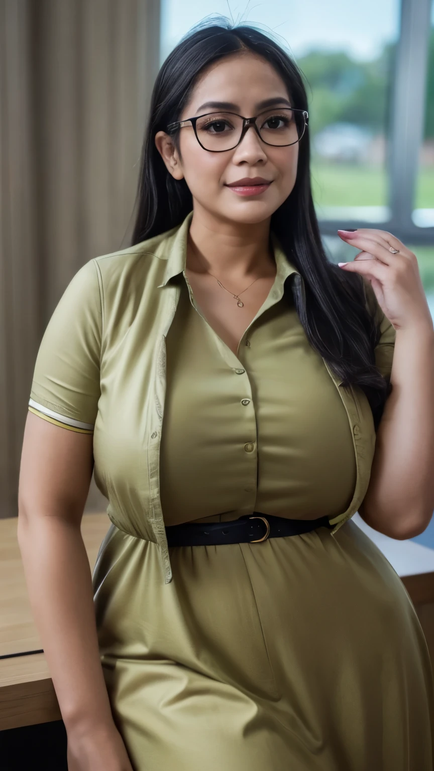 ((beautiful Nerd malaysia Mature woman : 1.2, College Lecturer)), 45 Years old, Middle age woman, name mira filzah brown eye, wearing nerd eyewear,tudung muslim,modernbaju kurung look rich,, unbuttoned baju Kurung, calm,confident,happy,beautifull MILF Curvy body, White Skin Body,looking at viewer, sitting on desk in classroom, (photo, photorealistic:1.37), (ultrahigh-res), half body, walking pose, hyper detailed POV, by lee jeffries, nikon d850, film stock photograph ,4 kodak portra 400 ,camera f1.6 lens ,rich colors ,hyper realistic ,lifelike texture, dramatic lighting , cinestill 800, (huge breasts 1.3).