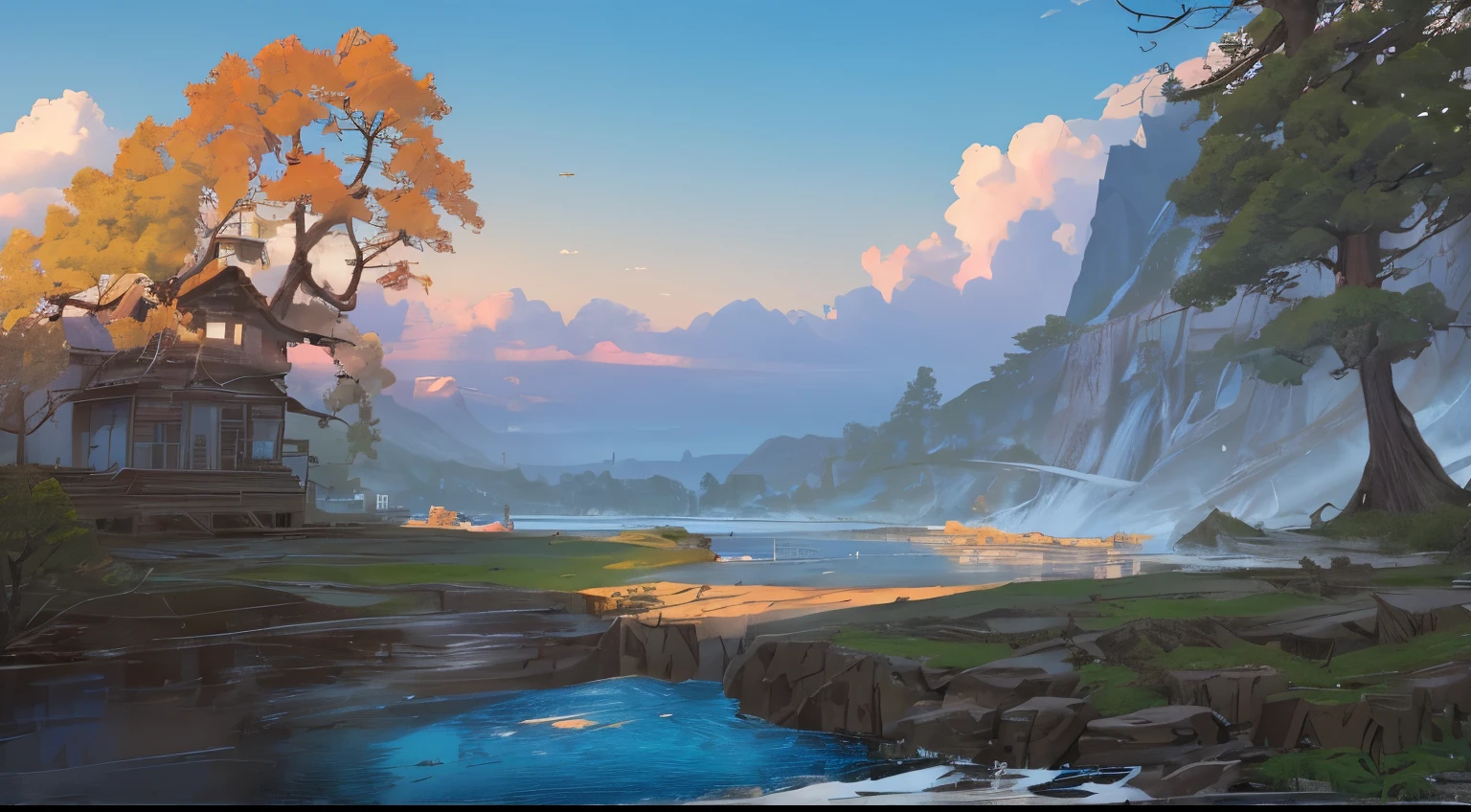 Masterpiece, high detail, 8K resolution, ConceptArt, scenery, water, sky, day, tree, cloud, waterfall, outdoors, ruined building, nature, river, blue sky, 1 woman, brunette, ponytail, brown coat, trousers, a wanderer, Makoto Shinkai artstyle