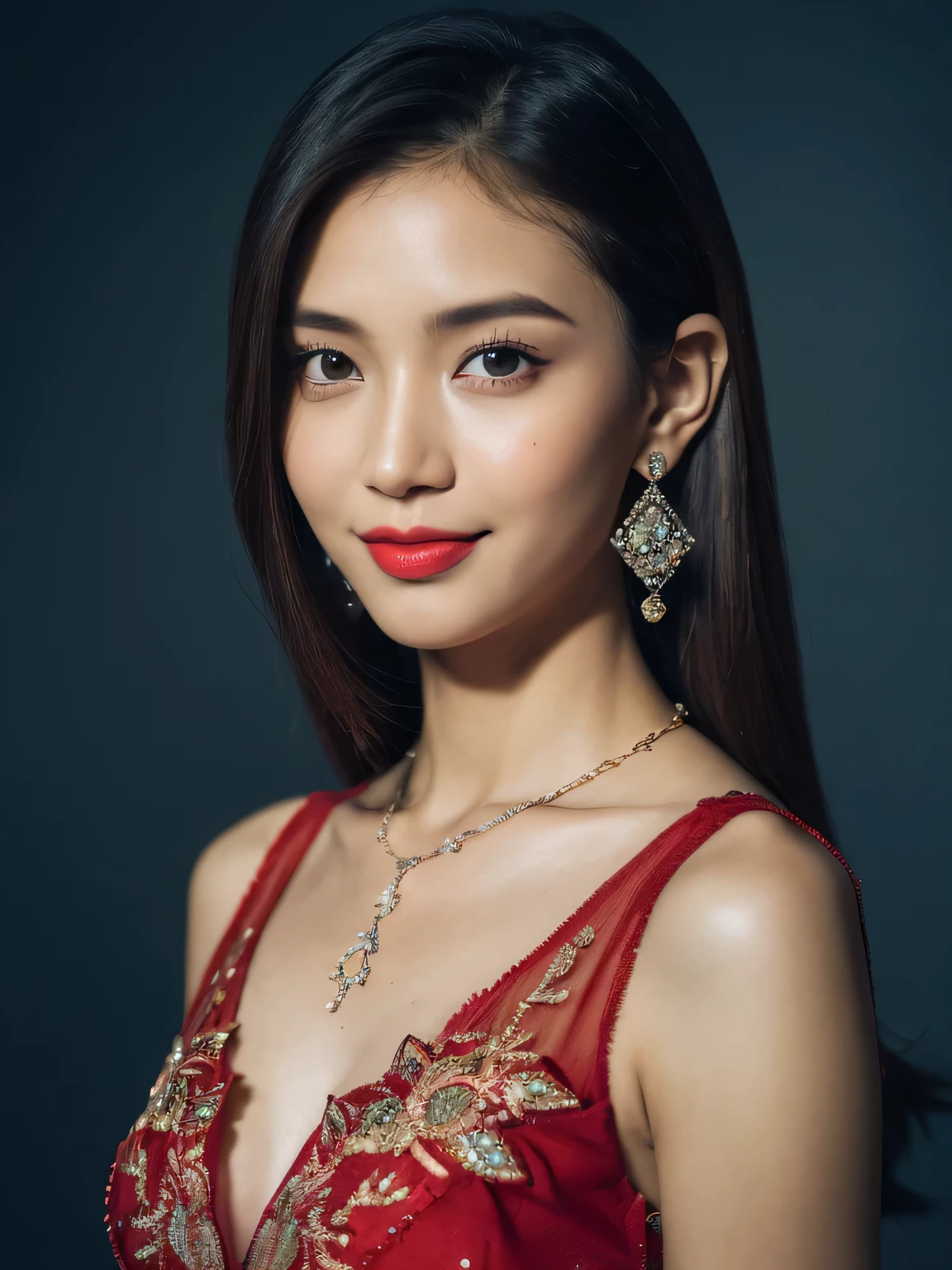 ((face body shoot), Realism, , Rim Lights, Rim Lighting, Modeling, Natural Lighting, Sunlight, Volumetric Lighting, Volumetric Light, Volumetric, ((high quality:1.2, masterpiece:1.2)), absurdres, high resolution, (8k resolution), 8k, 8kres, 8k res, high details, detailed and intricate, intricate details, high intricate details, absurd amount of details, ((looking at viewer)), detailed face, perfect eye, 1girl, solo, fashi-girl, mature girl, cute, ultimate beauty, sweet, a girl wearing kebaya, red kebaya, red lips, diamond necklace (small), diamond earring(small), real textured skin, no sexy, navy blue wall, brown skin, navy blue background, real skin, textured skin, smile. closed mouth