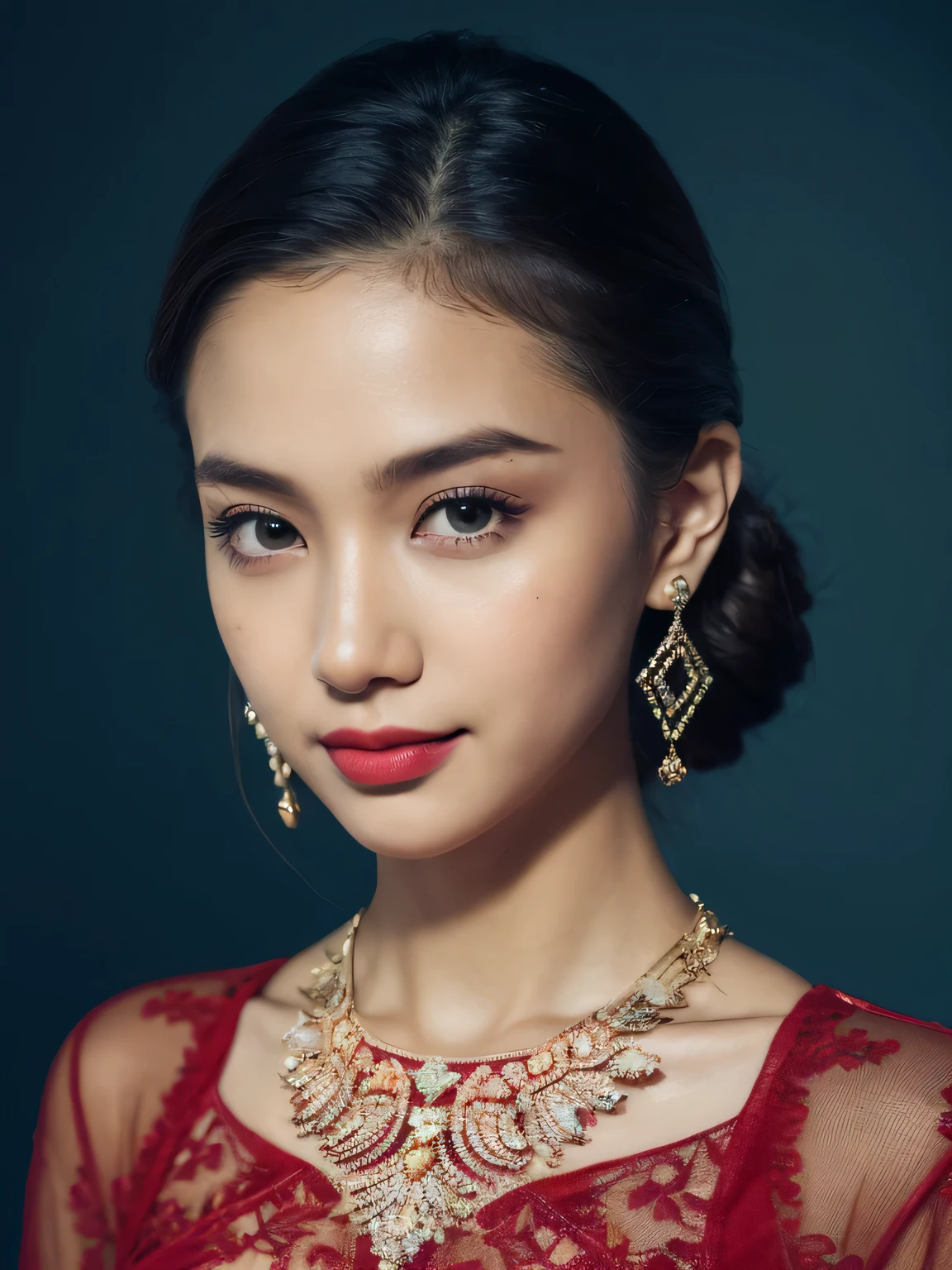 ((face body shoot), Realism, , Rim Lights, Rim Lighting, Modeling, Natural Lighting, Sunlight, Volumetric Lighting, Volumetric Light, Volumetric, ((high quality:1.2, masterpiece:1.2)), absurdres, high resolution, (8k resolution), 8k, 8kres, 8k res, high details, detailed and intricate, intricate details, high intricate details, absurd amount of details, ((looking at viewer)), detailed face, perfect eye, 1girl, solo, fashi-girl, mature girl, cute, ultimate beauty, sweet, a girl wearing kebaya, red kebaya, red lips, diamond necklace (small), diamond earring(small), real textured skin, no sexy, navy blue wall, brown skin, navy blue background, real skin, textured skin, smile. closed mouth