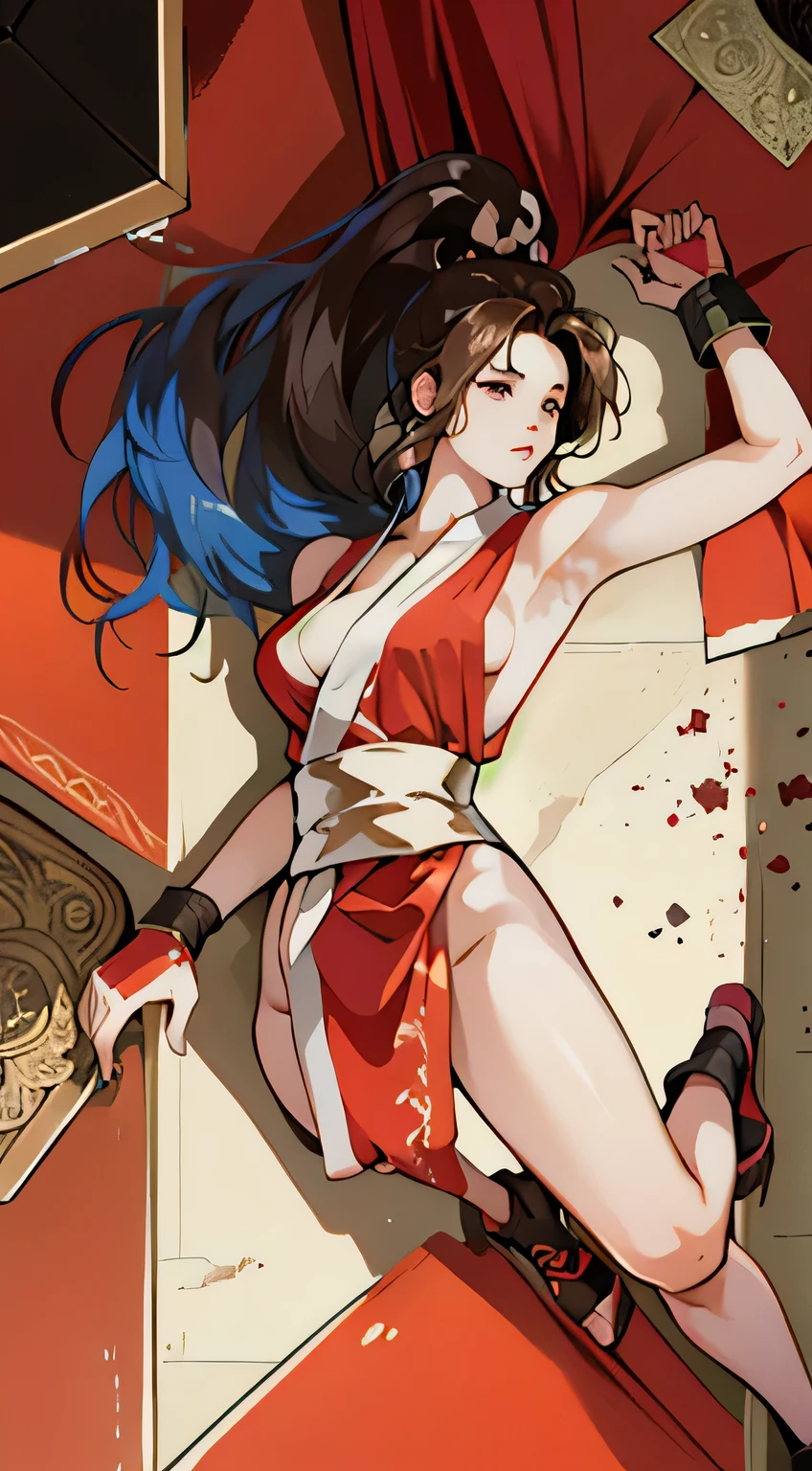 dead, lying down , lie on ground, fainted,unconcious ,eye closed, Mai shiranui, (masterpiece, top quality, best quality, official art, beautiful and aesthetic:1.2), (1girl:1.3), (fractal art:1.3), card, tarot,blue hair, twin braids, hair flower, (good lighting:1.1), ((highres)), brown eyes, long hair, brown hair, white ribbon, sleeveless, ponytail, sash, pelvic curtain, arm guards, gloves, tabi, shiranui mai,full body