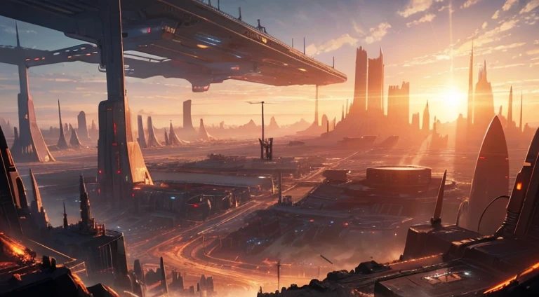 there is a picture of a futuristic city with a sunset in the background, dystopian alien landscape, martian city, mystical sci-fi concept art, science fiction landscape, moody mining planet, dystopian landscape, scifi landscape, dusty environment, sci-fi landscape, sci - fi landscape, digital concept art of dystopian, sci-fi digital painting, science fiction concept art