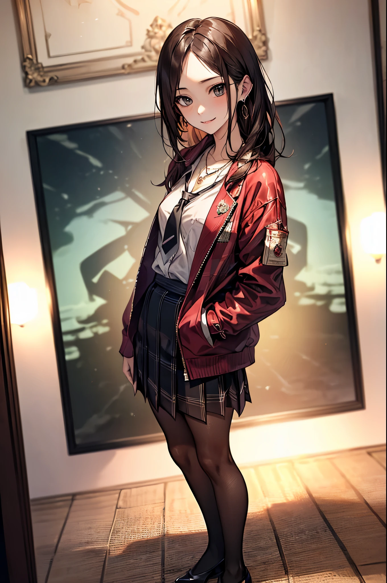 ((Biologically correct number of limbs))、(( Full body photo including face))、4K、((Standing posture))、Masterpiece、((focus on the face))、((Symmetrical facial features))、Eyes with detailed description、Beautiful woman、Outstanding style、Beautiful clavicle、Beautiful legs、Beautiful Hands、Slender Body、(Black Stockings、High heels)、Detailed depiction of faces、Small earrings、necklace、(Red Jacket、shirt、(Checked skirt))、Sidelong glance、tie、night、(((Photo framed in white on all four sides)))、High angle、smile