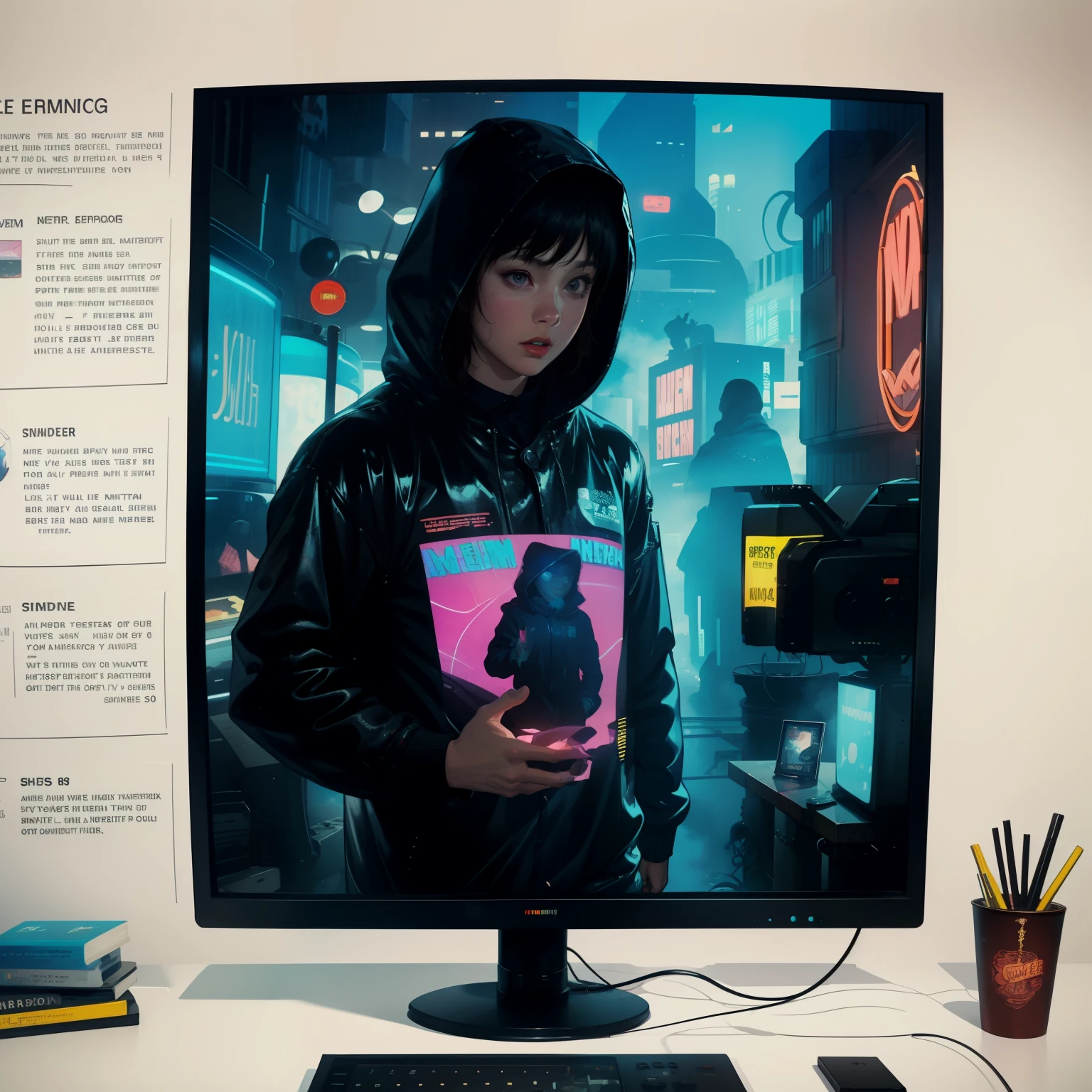((highest quality)), ((masterpiece)), (be familiar with), (High definition), (Accurate), (Realistic), (Cinematic), (Best Shadow), (Low contrast), (8K), Perfect Face, ((SYD MEAD style)), manga、mangaデザイン、Storyboard、Panel layout、(Woman looking at a large monitor), (Replicant), (Replicant), ((Black Hair, very short hair, Blue Eyes)), (Black hooded raincoat), (The monitor shows an image of myself)、Glittering neon signs、congestion, congestion, Decadent Future City, NEO TOKYO, A.D.2051, (steam:1.2), It's raining white, evening,