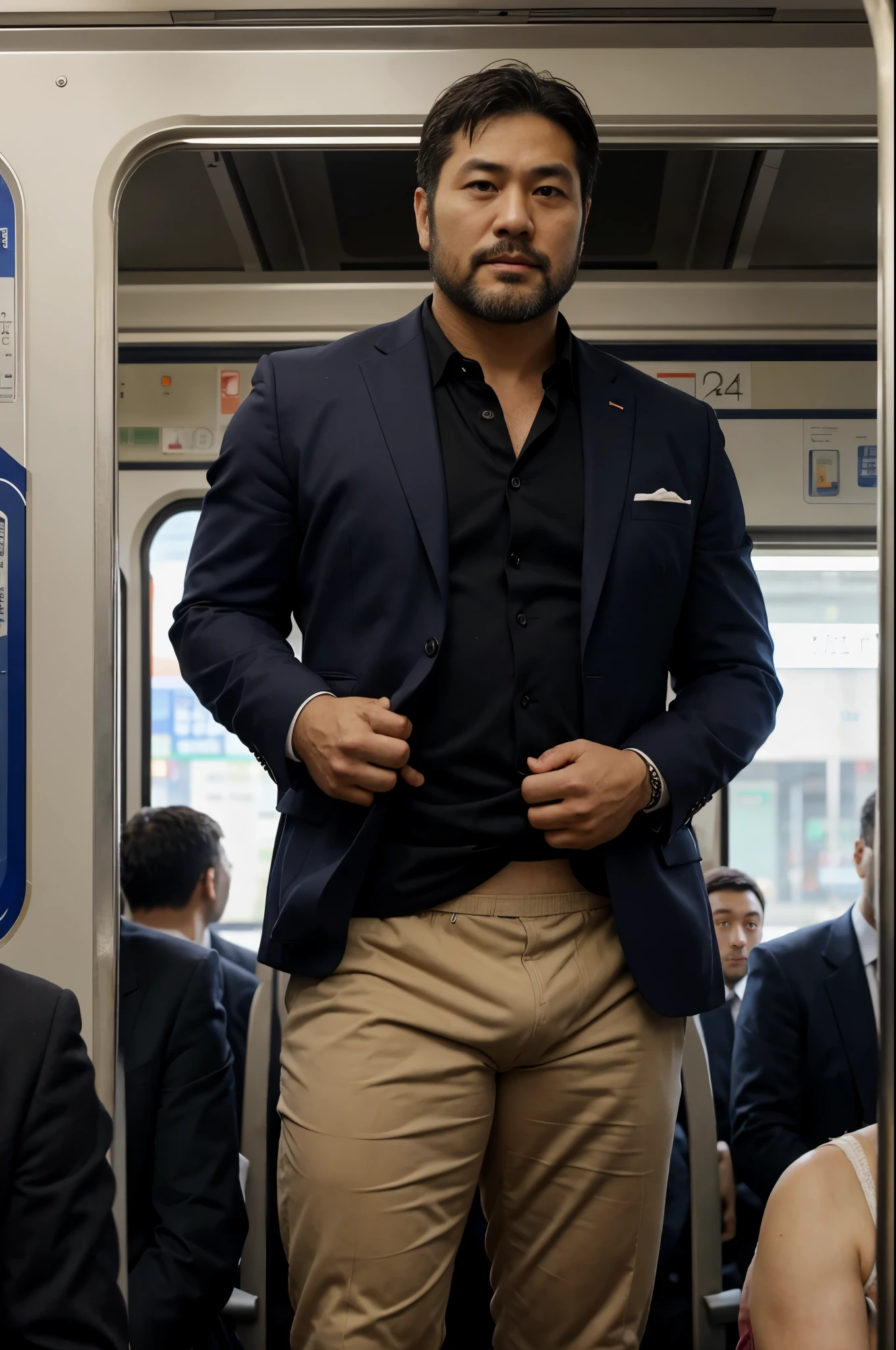 A stocky Japanese man in his 40s, a former rugby player with a short beard and a suit, standing in a crowded train in his underwear.