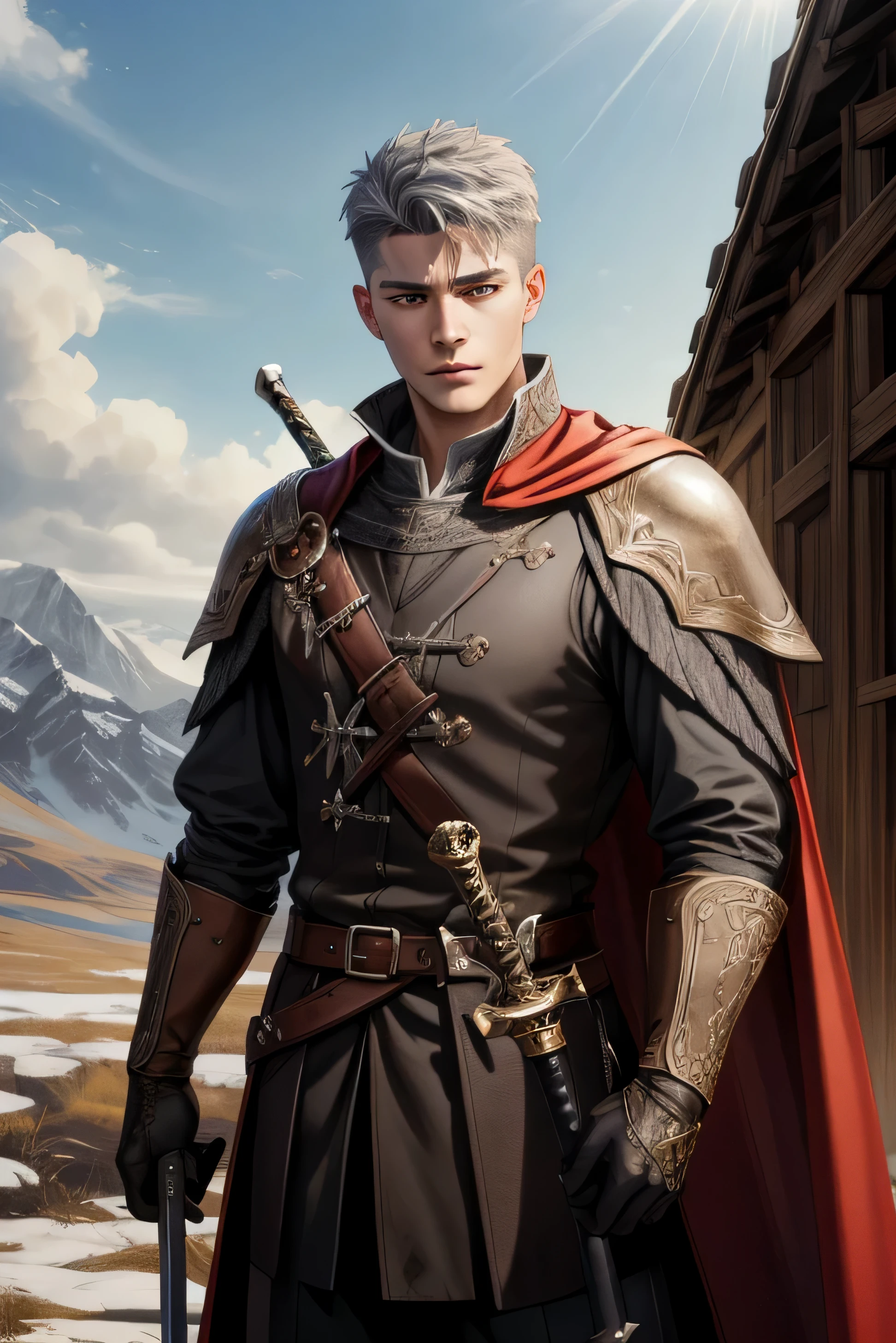 (Absurdres, Intricate Details, Masterpiece, Best Quality, High Resolution, 8k), 2 male, masculine, young, aged up, dreadful, finely detailed eyes and face, gray short back and sides hair, black eyes, portrait, looking at viewer, sword practice, (full body:0.6), detailed background, (RootsBranchesAI theme:1.1) Mad eye, calm face, high fantasy, cleric, holding wooden sword and shild, practice swordplay, sunshine, color cape, gloves, magic potion, bright realistic lighting, VFX.