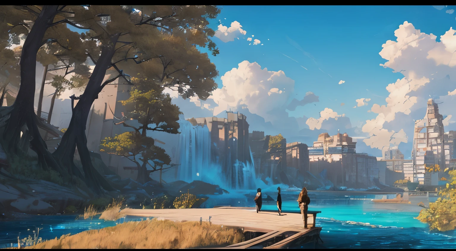 Masterpiece, high detail, 8K resolution, ConceptArt, scenery, water, sky, day, tree, cloud, waterfall, outdoors, ruined building, nature, river, blue sky, 1 woman, blonde, ponytail, brown coat, trousers, a wanderer, Makoto Shinkai artstyle