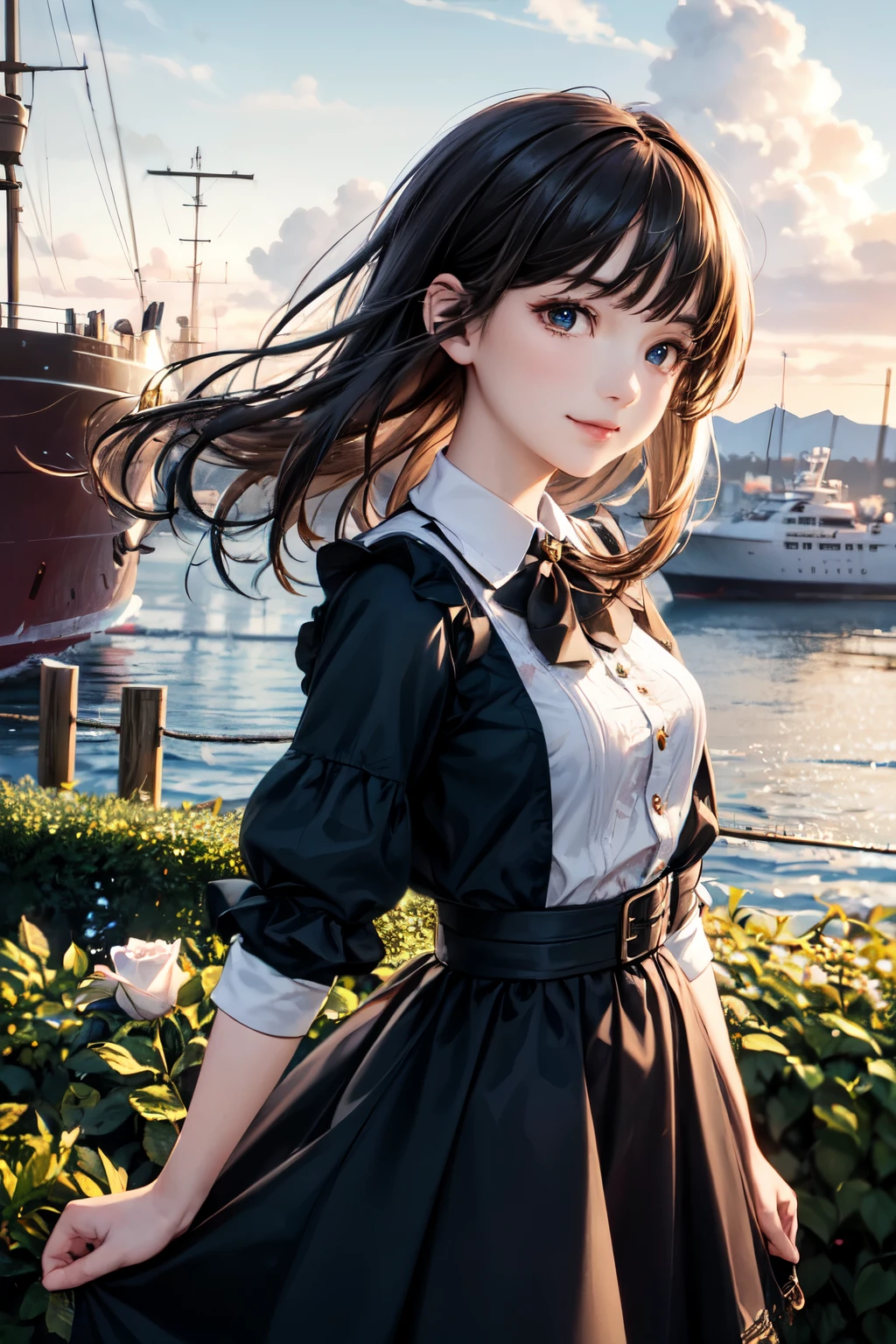very cute and beautiful girl,(highly detailed beautiful face),(smile),cowboy shot,
navy blue frilled dress,standing,stylish pose,(detailed legs,mini skirt:0.9),
black hair,(rose garden),navy harbor,warships in distance,
(best quality,masterpiece:1.0),absurdres,highres,ultra-detailed,extremely detailed,32k,8k resolution,
intricate details,cinematic scene,detailed background,solo,dynamic angle,
natural lighting,hair fluttering in the wind,beautiful detailed sky,