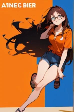 • a female teacher,
-description:
>Long hed hair,
>Blue eyes With glasses,
>1,60 cm tall,
>32years old,
-wearing:
>Orange shirt,
>bown shorts,
>Orange heeled sandal,
-image background:
>school building,
>in the background,