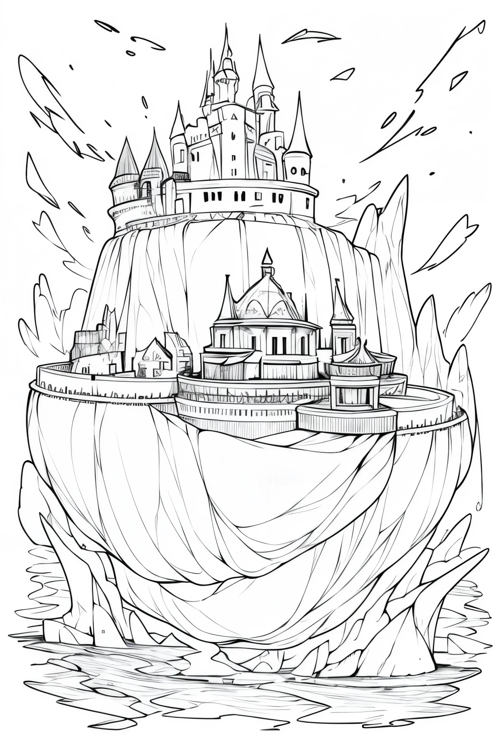 a floating stone island in the ocean with a fantasy castle ontop of it, very light colored grey scale