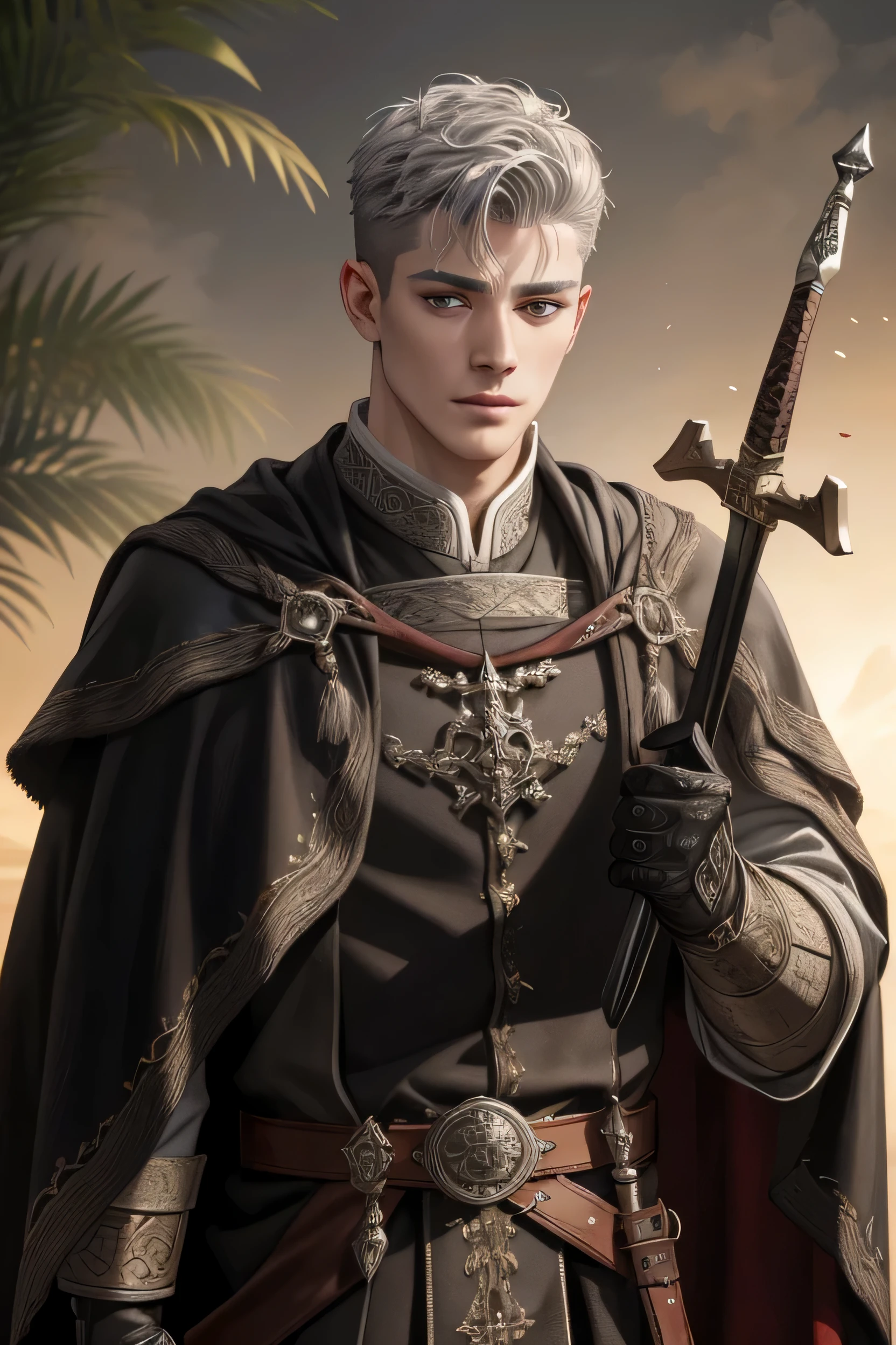 (Absurdres, Intricate Details, Masterpiece, Best Quality, High Resolution, 8k), 1 male, masculine, young, aged up, dreadful, finely detailed eyes and face, gray short back and sides hair, black eyes, portrait, looking at viewer, solo, (full body:0.6), detailed background, (RootsBranchesAI theme:1.1) Mad eye, calm face, high fantasy, cleric, holding wooden sword and shild, practice swordplay, sunshine, color cape, gloves, magic potion, bright realistic lighting, VFX.