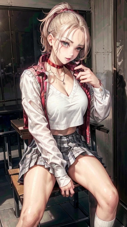 ((highest quality, 8k, masterpiece: 1.3)),((Amazing details: 1.2)),((shape: 1.1)), (Realistic, photoRealistic:1.4), Female Solo,high school girl、Shiny skin, thin, beautiful 髪, Beautiful Face, Highly detailed face, beautiful detailed 目, Beautiful clavicle, Beautiful body, Beautiful breasts, Beautiful thighs, Beautiful legs, Beautiful fingers, (High-quality fabric, red checked tie, A white shirt with a long sleeve and a collar, Grey plaid pleated skirt), Black socks, (Beautiful views), morning, (classroom) ,,ponytail、 Long eyelashes, Solid Circle Eye, Captivating smile、blush:1.4、tongue、Cleavage:1.3、necklace、(Close one eye、Wink)、((Sitting on the floor、Keep your knees together、Sit with your knees bent))、Mid-chest、Short tops、Low-rise skirt、Slender body、Toned Abs、sitting on floor,