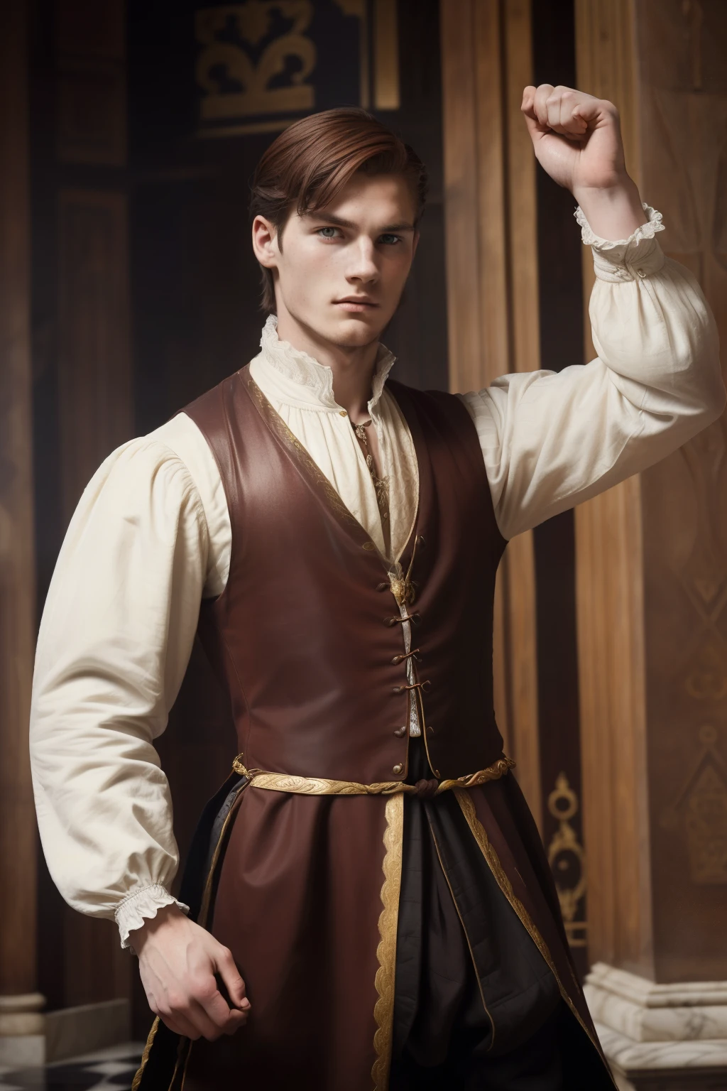 England, 1558. A young ((((22-year-old)) Rollo Fitzgerald)), handsome, intelligent, expressive eyes, graceful demeanor, in a marble palace, fight, raised fists, ((furious expression)), ((((clothings from the 1550s)))), ((dark chestnut hairstyle of the 1550s)), colorful