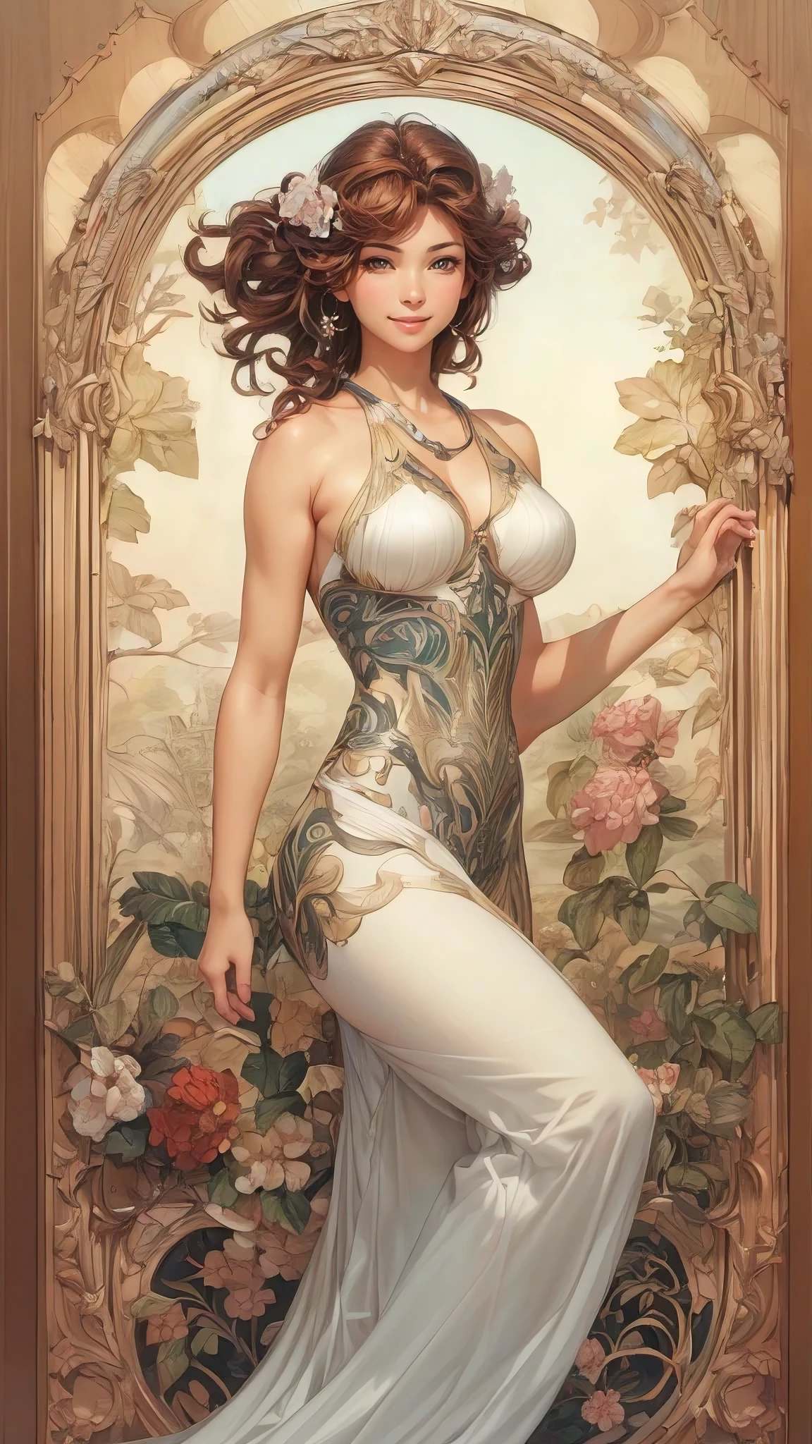 (masterpiece),(highest quality),(Very detailed),(High resolution),8k,wallpaper,soft-edged,1 girl,Beautiful female hands,Careful drawing of hands,The goddess of sexuality stands,Short Bob,Big Breasts,front,Looking at me,Sexy smile,See-through dress,loincloth,Intricate Mucha-inspired designs and patterns
