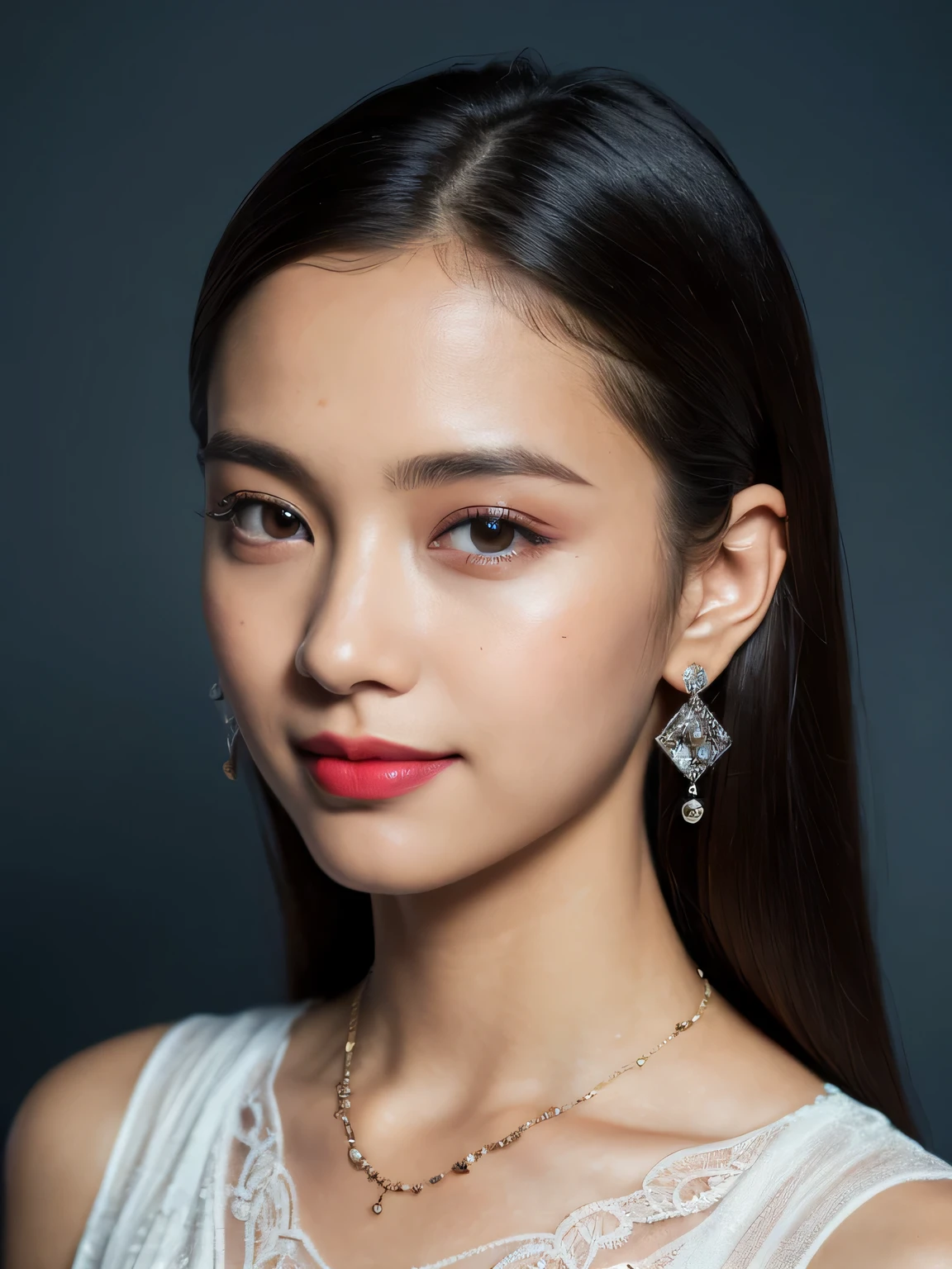 ((face body shoot), Realism, , Rim Lights, Rim Lighting, Modeling, Natural Lighting, Sunlight, Volumetric Lighting, Volumetric Light, Volumetric, ((high quality:1.2, masterpiece:1.2)), absurdres, high resolution, (8k resolution), 8k, 8kres, 8k res, high details, detailed and intricate, intricate details, high intricate details, absurd amount of details, ((looking at viewer)), detailed face, perfect eye, 1girl, solo, fashi-girl, mature girl, cute, ultimate beauty, sweet, a girl wearing dress, white dress, red lips, diamond necklace (small), diamond earring(small), real textured skin, no sexy, navy blue wall, brown skin, navy blue background, real skin, textured skin, smile. closed mouth