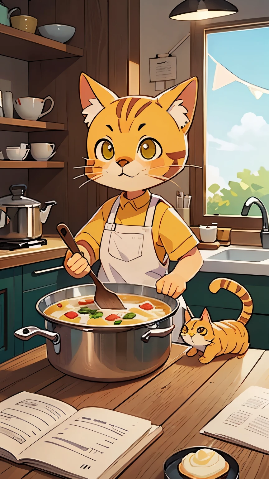 Yellow cat standing next to a large saucepan, Try looking at a recipe on your phone.