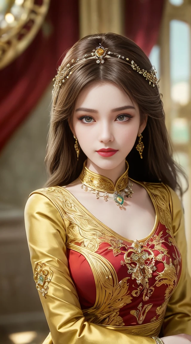 Asian beauties;
Age ranges from 18 to 20 years old;
super cute girl;
Her hair is copper orange, smooth, shimmering in the sun;
Extremely straight and very long hair, smooth;
tóc rất detail và chất lượng cao;
has ivory white skin, flawless rosy skin;
jet black eyes, Sexy almond-shaped eyes;
eyes 2 eyelids, youthful;
elegant eyes, charming, vô cùng detail và sống động;
Arched eyebrows;
sophisticated makeup, Perfect beautiful makeup;
her face is extremely beautiful, beautiful like a fairy;
lovely nose, lovely;
prominent cheekbones;
Beautiful face, pure;
đôi môi charming, light red lipstick, glossy lipstick;
The girl has a radiant smile;
full chest, Deep chest slit, toning, bra that fits well;
full body, charming, full of spring energy;
wearing a ruby pendant and ruby earrings;
Wear a red linen blazer, dây lụa trắng xẻ thấp, wearing a khaki checkered dress, clear embroidery lines, luxurious;
High-end women&#39;s fashion style, modern fashion 2024, luxurious;
8K quality photos, professional, detail, colourful;
Ảnh RAW chân thực được chụp bởi các nhiếp ảnh gia professional;
ánh sáng luxurious, projected from the front;
sparkling sunlight, The sunlight shines on the girl&#39;s body;
The background has a mesmerizing neon advertisement;
There is text "Quynh Nhi" in the background behind the girl.