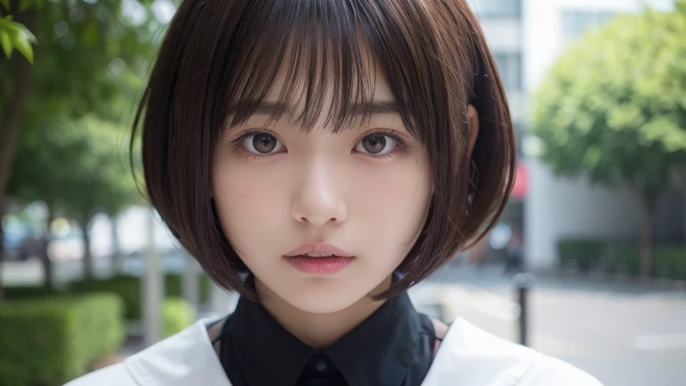(Bob Cut Hair:1.2),(Wearing black school uniform:1.2),1 girl,Japanese,21 years old,(Small breasts:1.3),(highest quality,masterpiece:1.3,超A high resolution,),(Ultra-detailed,Caustics),(Photorealistic:1.4,RAW shooting,)Ultra-Realistic Capture,Very detailed,High resolution 16K human skin close-up。 Natural skin texture、,Pores、、It needs to be detailed enough to be easily identifiable。 Skin should be even-toned and healthy looking。 Use natural light and colour, Sad expression, Looking at the camera, Perfect dynamic composition, Outdoor