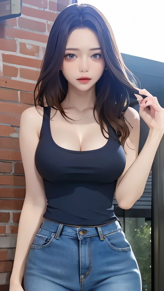 （real， High resolution：1.3）， One girl with a perfect body， Very beautiful face and eyes，Long Hair， Random color tank top：1.2， Short jeans， Big Breasts，Exposing cleavage