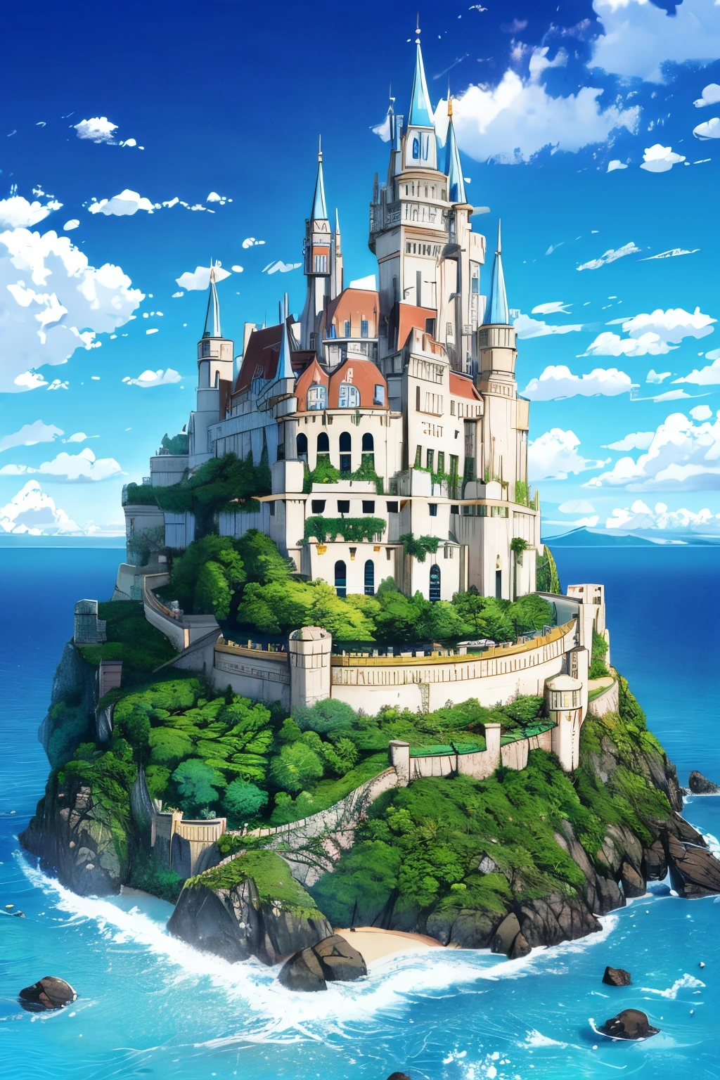 an ocean island with a fantasy castle on it on a hill