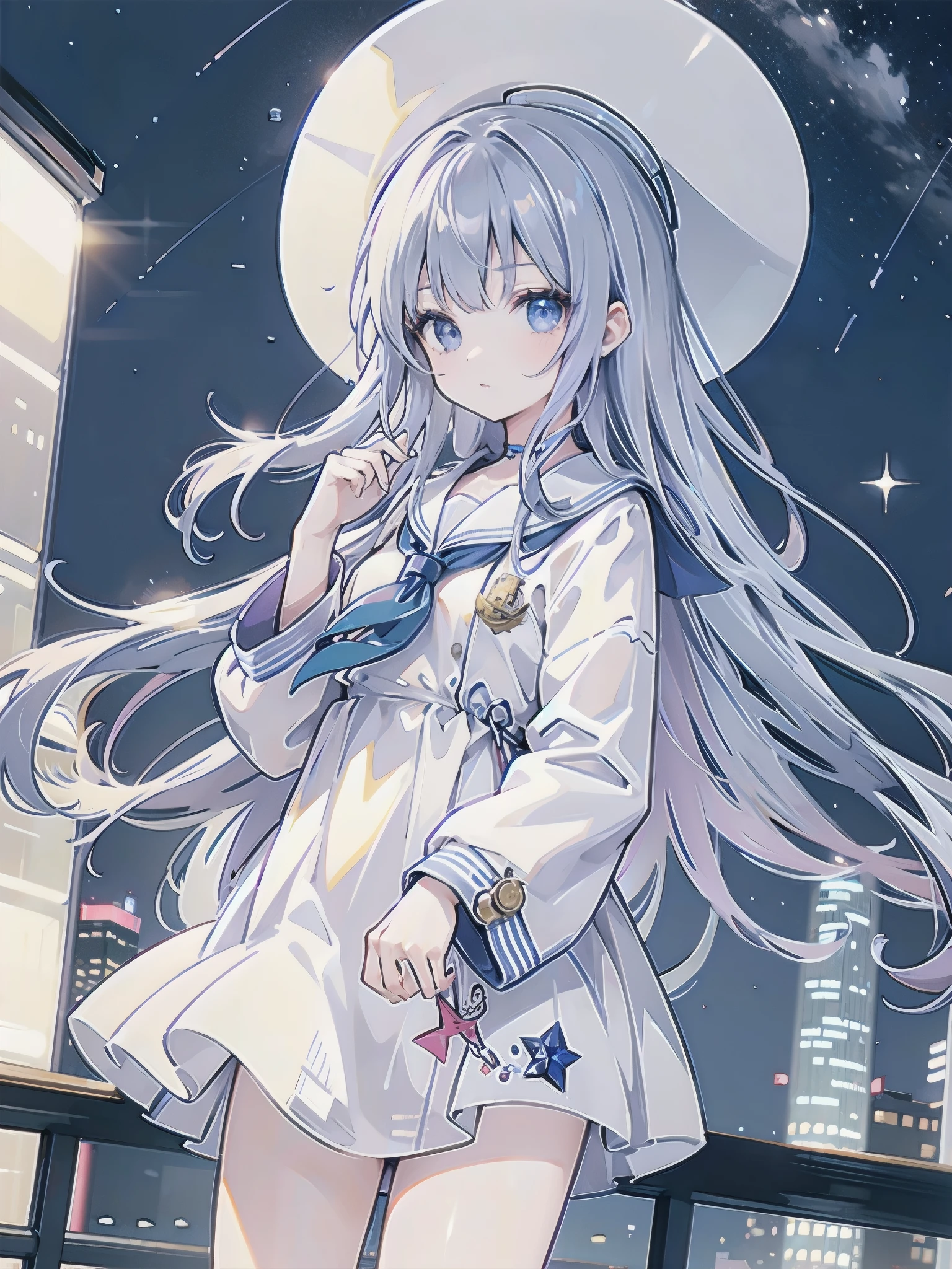 A girl stands on the rooftop of a high-rise building overlooking Tokyo late at night、High school student wearing sailor suit、She wears a large witch&#39;s hat with a small sapphire accessory、A few star creams、Beautiful starry sky、Beautiful night view