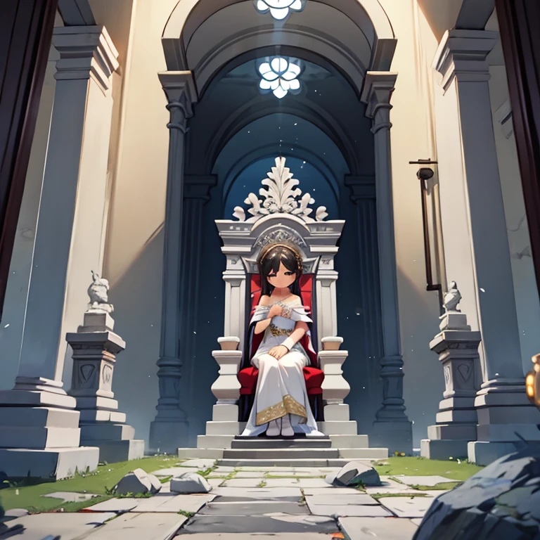 Broken throne room made out of stone and light is coming through 