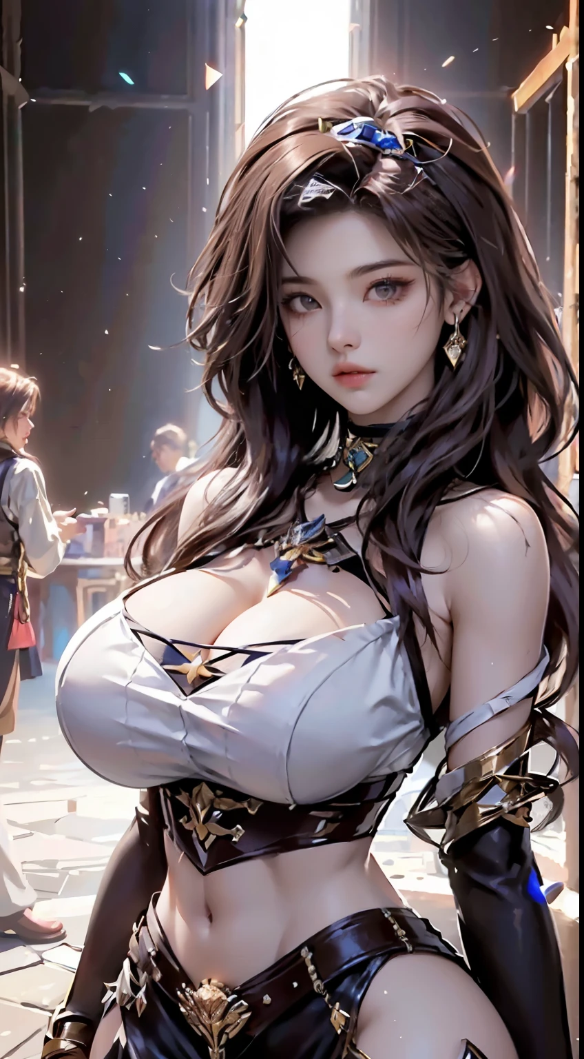 From《League of Legends》Irelia, KDA Irelia ((realistic light, best quality, 8k, masterpiece :1.3)), Selfie, 1 girl, Beautiful woman with perfect figure :1.4, Abdominal muscles :1.1, (Brown hair, Huge breasts :1.5), Arabic costumes :1.2, floor, Ultra-fine face, Delicate eyes, Double eyelids, Perfect hands, perfect fingers, Perfect breasts, Perfect hair, Perfect face, Perfect body，Giant Breasts，Huge breasts，The chest is completely exposed，Huge breast development