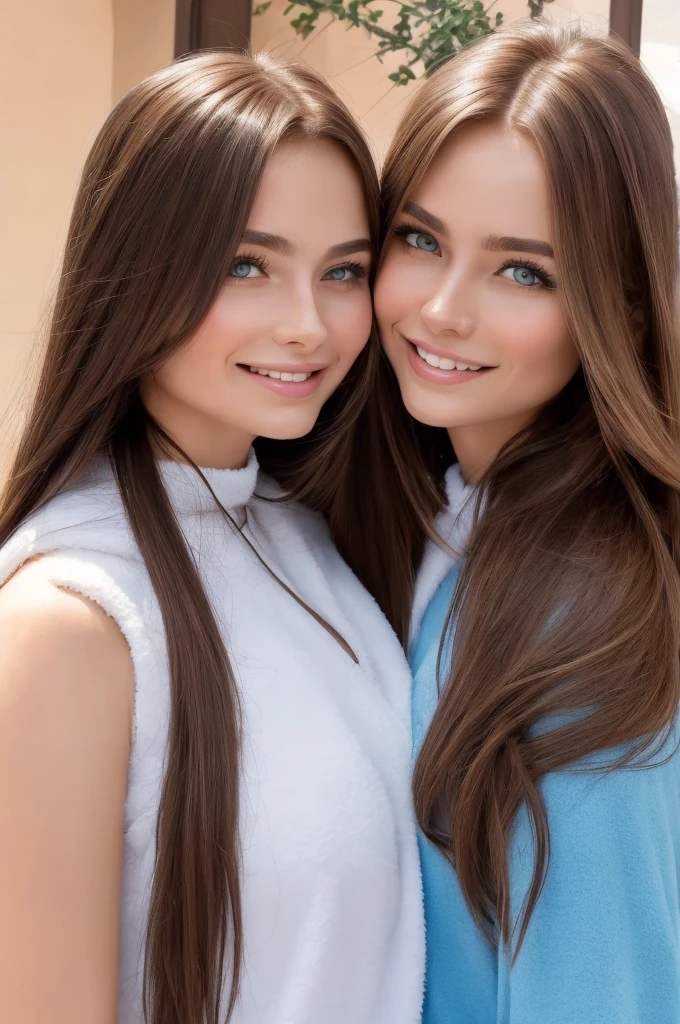 Professional photograph, best quality, 8K, hyper detailed, half body, A close up portrait of two gorgeous, beautiful, wonderful women, argentinian and russian females together posing for the camera, both women have super long hair, argentinian girl has brown hair and russian girl has dark blonde hair, the both of them are wearing winter clothing, both girls are wearing Argentina's football jersey. Both women are wonderful, dream, ethereal, timeless, majestic beauties from Argentina and Russia, they're glad, smiling and enjoying taking a picture in a residential building's terrace.