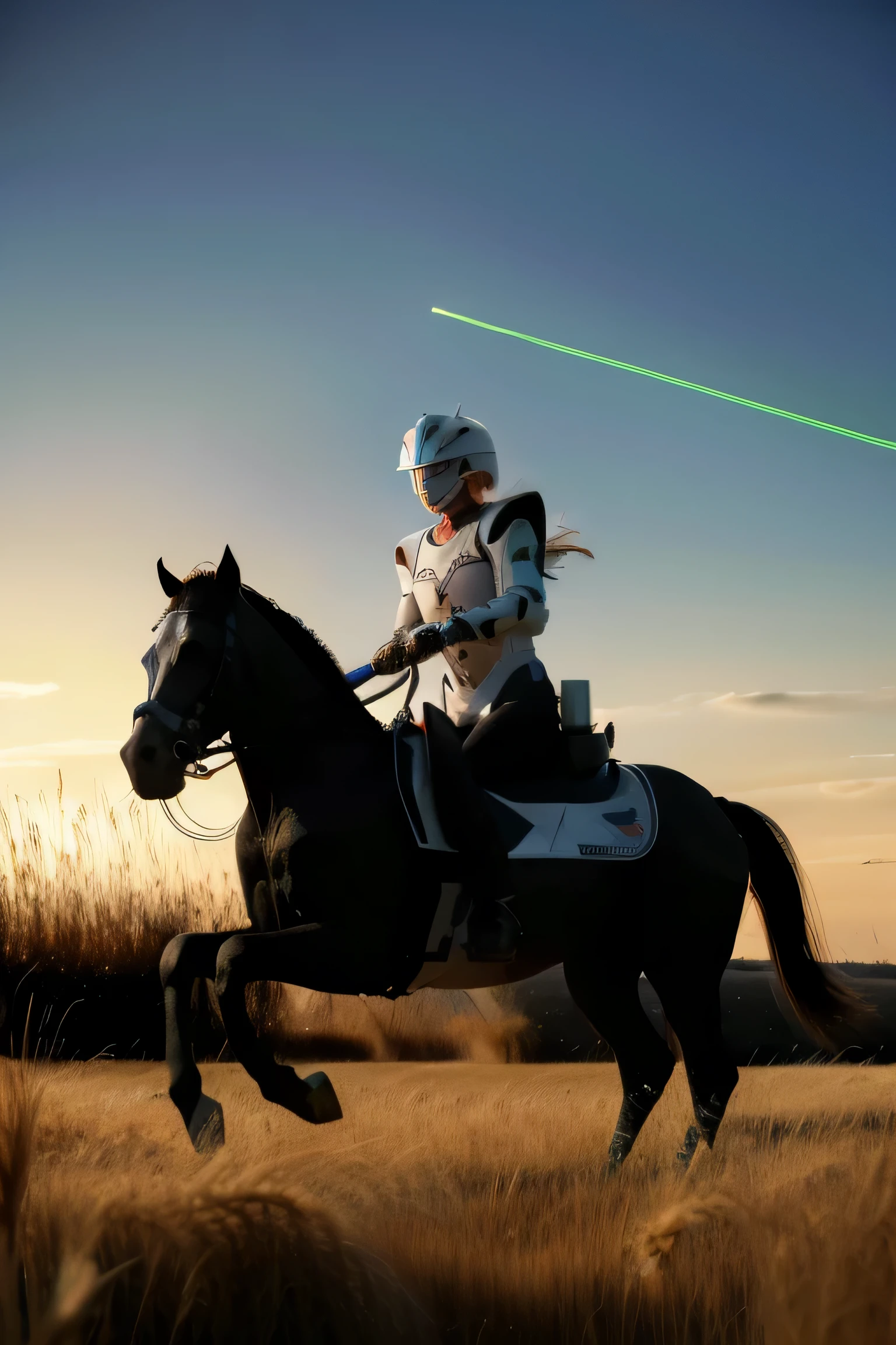 a robot with a laser gun riding a mechanic horse in a wheat field park