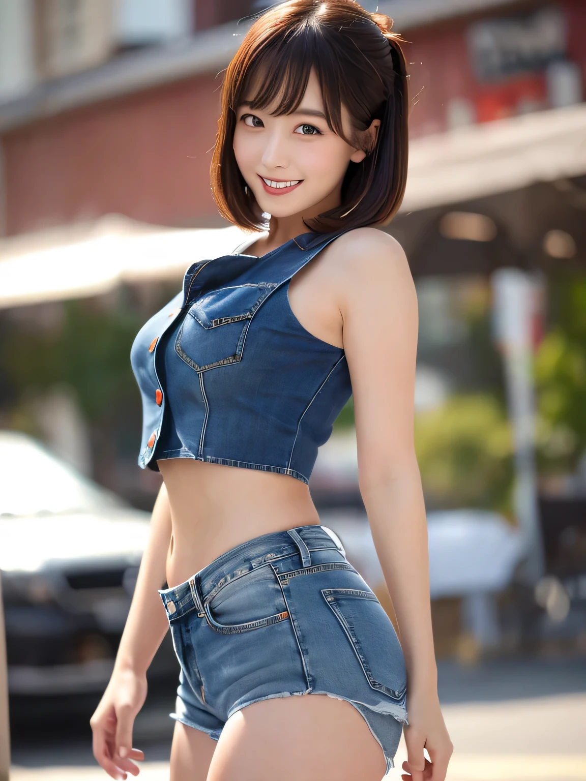 (sfw:1.5)、(((1 female)))、masterpiece, RAW Photos, highest quality, reality、Depth of written boundary, Lens flare,  （Low cut and tight )、（ultra short distance，Denim hot pants））,((Long legs)), （Thigh Gap：1.6），Small waist、（Wide Hips），（Big Ass），pretty girl, Idol,(Big smile:1.3),Small waist、（Big Ass:1.6），（White crop top：1.5）、Brightly colored vest， short hair, Redhead， reality， photo shoot，（Exquisite detail）， Very detailed， High resolution， original，  highest quality， Detailed face， (Very beautiful face, Beautiful Lips, Beautiful big eyes、Droopy eyes), A face with intricate details, （Plump red lips），（Thigh Gap：1.5），Small waist、（Wide Hips） 、short hair, Black Hair、Twin tails，Open chest, Turn around, (((Buckshot)))