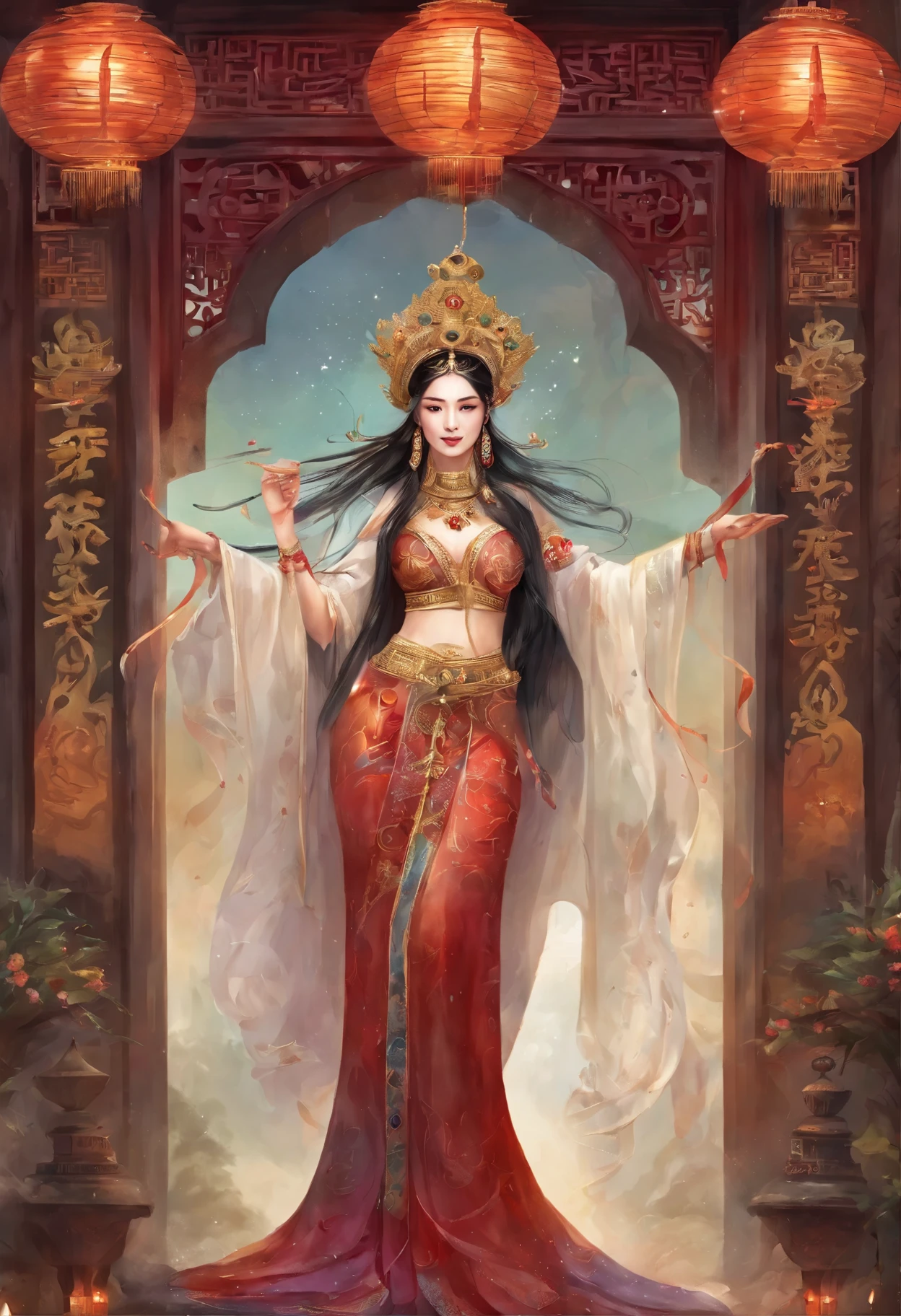 (masterpiece, highest quality, highest quality, Official Art, beautifully、aesthetic:1.2), girl, Detailed face, Long black hair, whole body, Chinese Goddess, Red traditional costume,Violet Corset, , Celestial, Cosmic, very beautiful, High resolution, (In the background is a Chinese shrine), Glowing effect, Most detailed, Suspended particles, , Geometric pattern, Void 3 Energy , where, Shadow, Spectacular atmosphere, Our Lady, Golden God Ornament, Beautiful accessories made of agate and jade
