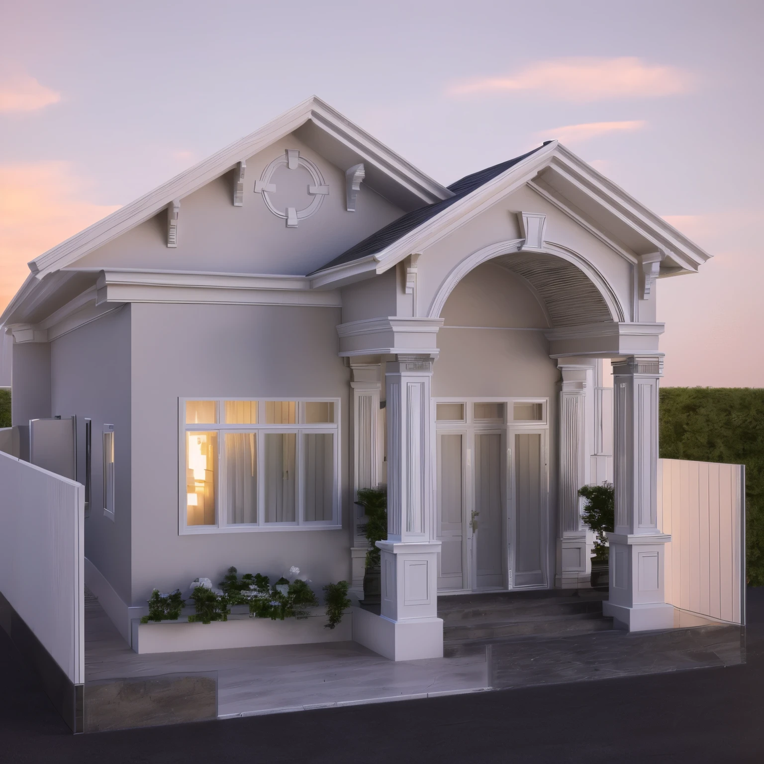 a rendering of a small house, neo - classical style, frontview, 3d highly detailed, 3 d highly detailed, exterior design, classicism style, 3 d rendering, 3d rendering, complete house, all white render, with 3 d render, with 3d render, front-view, front view dramatic, neoclassical style, plant tree around, wall street, naturual sunlight