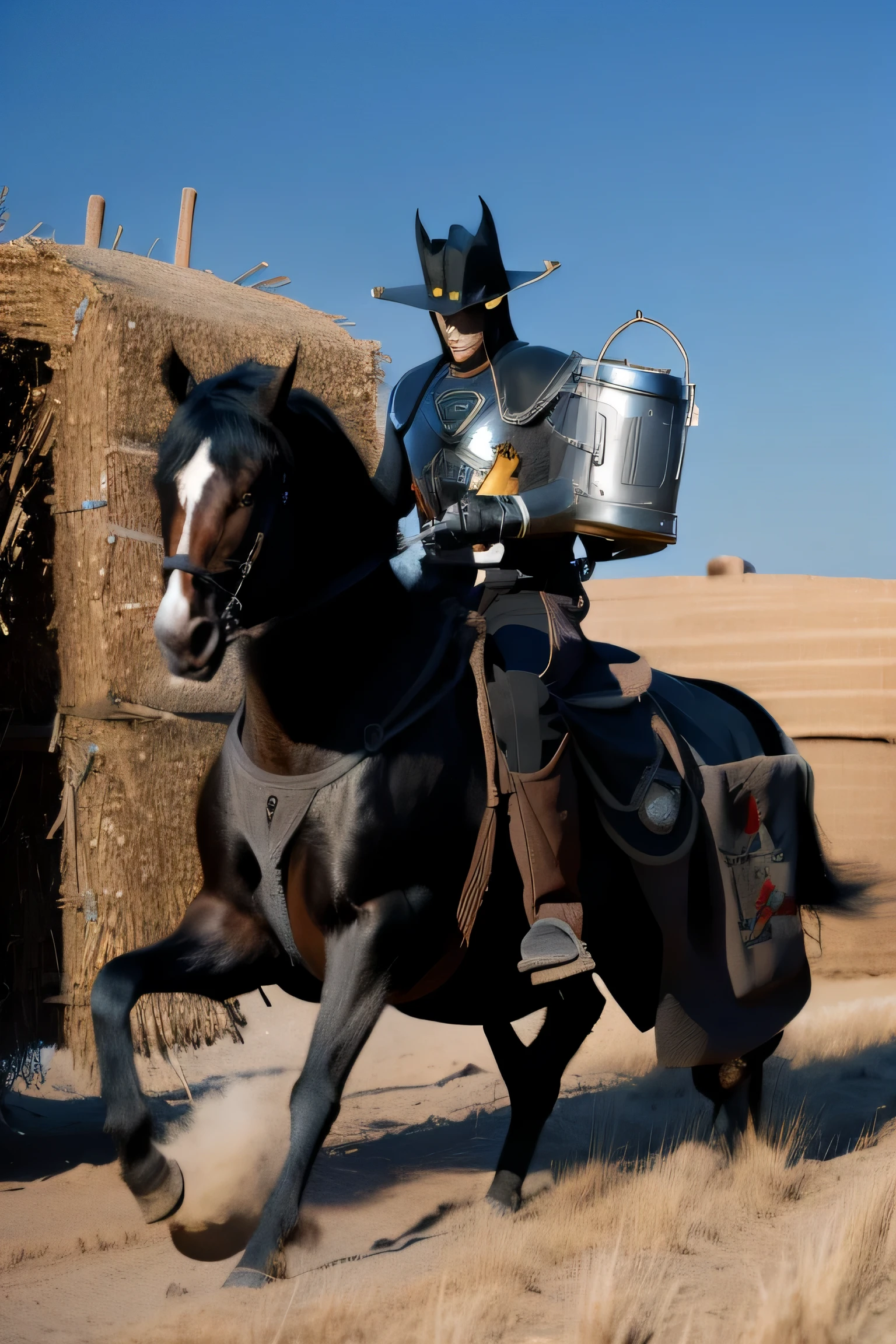 zorro robot defender of the poor people with a robot horse while carrying wheat for the community