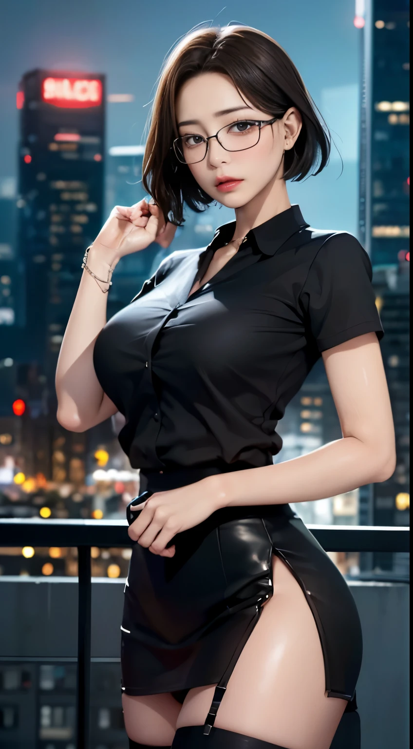 4K quality、最high qualityの傑作、Punk girl wearing thin silver glasses and a black shirt, (Heavy makeup), Blurred city background at sunrise, short hair, Detailed face, high quality, High resolution、(Full Shot:1.8), big breast skirt、garter belt and black stockings