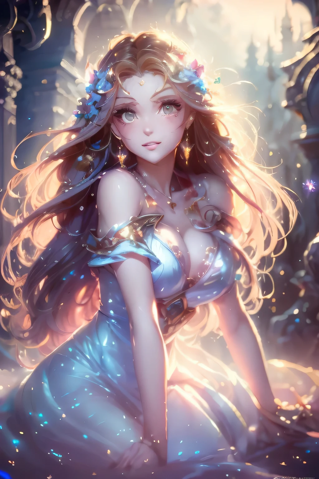 A sorceress in a cloud universe and shining stars and galaxy, wearing an elegant, flowing dress, surrounded by vibrant and colorful light particles, Heaven opens to a galactic vortex. Portrait Scene. she (Beautiful details) 目and (Beautiful details) lips. This dress is made of lightweight material. The girl&#39;s hair is flowing down (Loose and natural) curl, Add to she (Gentle and easy-going) exterior. The big picture is (highest quality, High resolution) and (Very detailed) Texture and (Realistic) color. A dreamy and fantastical color palette. The lighting is soft, Casts subtle shadows. 8K Cinematic, Volumetric lighting, Golden Ratio, (Beautiful Blue Eyes, Beautiful erotic eyes:0.85), Sexy Face:0.4, (A taste that exudes beautiful eroticism:0.85), ((Too cute beauty:0.9))