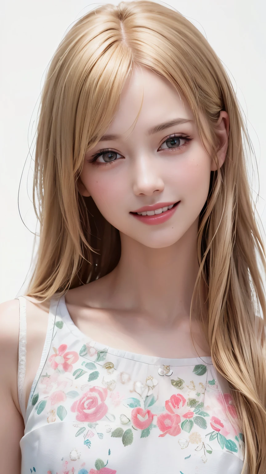 (highest quality、8k、32k、masterpiece)、(Realistic)、(Photorealistic:1.2)、(High resolution)、Very detailed、Very beautiful face and eyes、1 girl、Round and small face、Narrow waist、Delicate body、(close、highest quality、Attention to detail、Rich skin detail)、(highest quality、8k、Oil paint:1.2)、Very detailed、(Realistic、Realistic:1.37)、Bright colors、(((Blonde)))、(((Bust Shot)))、(((Long Hair)))、(((Pure white wall background)))、(((Pure white wall background)))、(((Floral dress)))、(((She has a happy expression)))、(((smile)))、(((Wearing a white and pink dress)))、(((Look straight ahead)))、(((Long golden hair)))、(((Teeth are visible)))、(((Mobile phone operation)))、(((Playing with your phone)))