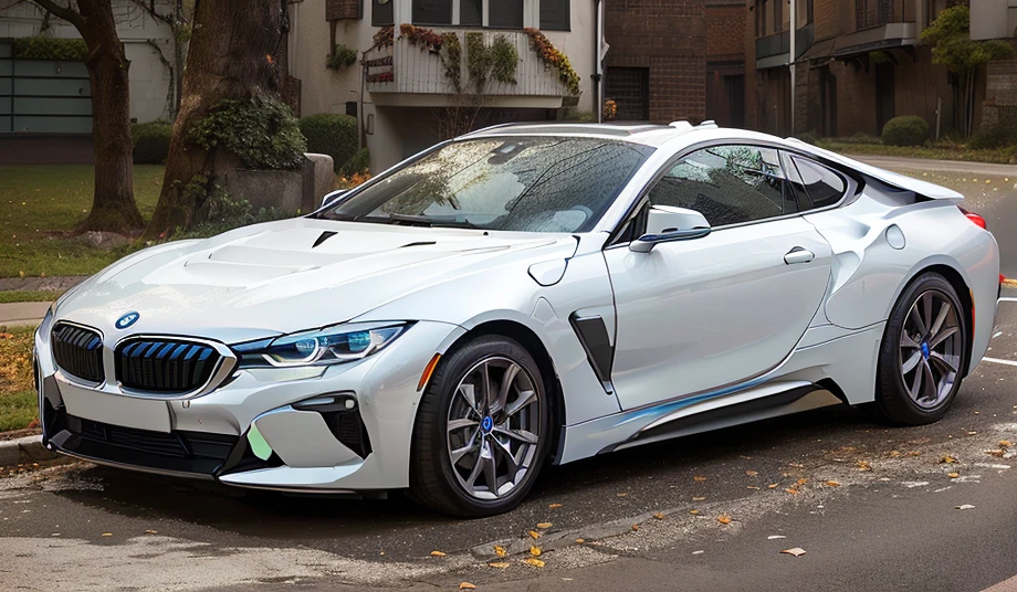 arafed white BMW sports car parked on the side of the road, Car panorama, With stylish spoiler, With smooth lines and strong, In 2 0 1 8, Pure and clean, BMW, Glossy white, Front profile, apple cart, Front profile shot, BMW i 8, White Metal, 150 mm caliber
