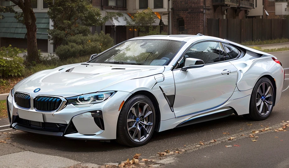 arafed white BMW sports car parked on the side of the road, Car panorama, With stylish spoiler, With smooth lines and strong, In 2 0 1 8, Pure and clean, BMW, Glossy white, Front profile, apple cart, Front profile shot, BMW i 8, White Metal, 150 mm caliber