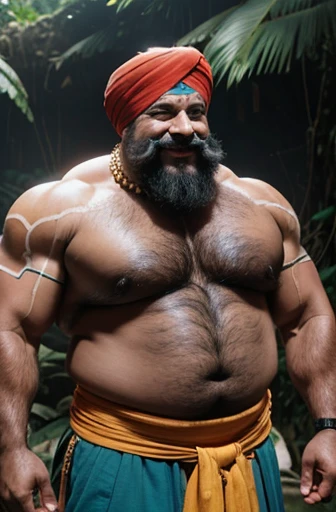 An indu maraha with a turban on his head without a shirt a macaw on a shoulder full length obese bodybuilder with a very oiled body a sweaty smiling old man with a shaved head and big gray mustaches extremely muscular and extremely fat over 70 years old who weighs over 600 pounds very muscular very hairy large pectorals with dark nipples gynecomastia in front of a ruined temple in the jungle wearing only a cotton skirt