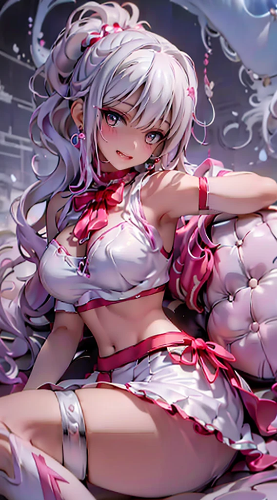 masterpiece,top quality,1 cute girl,very transparent sparked tyte-fitting sheer white lingerie,silber long ponytail hair,sitting bed,slim west,ultra biggest large brest,fashion model pose,red tieek,open mouth,looking shorts,Squeeze the ,big open legs,