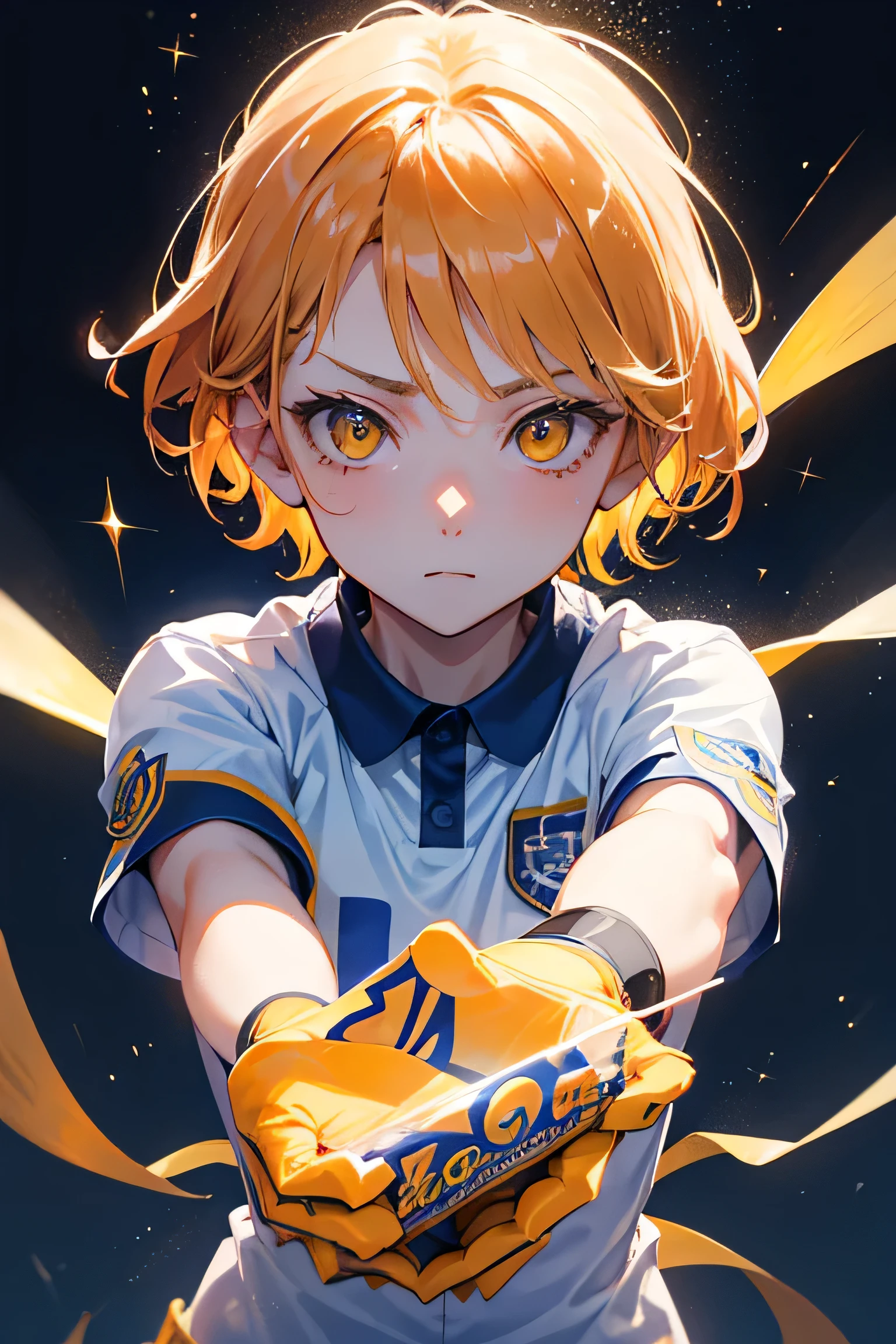 Cool adult woman with yellow eyes wearing a sports uniform、1 person、Mikage Leo Style、Orange brown short hair、Bold poses and expressions、Bullish attitude、hologram、masterpiece、That's excellent、Spread your hands、Blue prison background、Exposure is modest、A little bit of cyber、cool、Vibrant、Buchigire