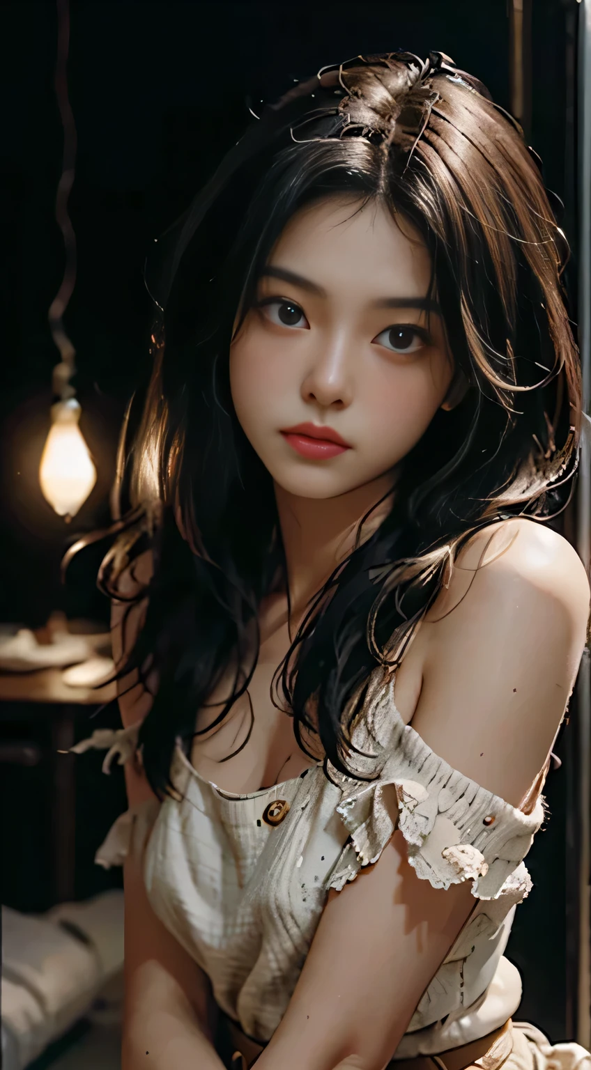 best qualtiy，tmasterpiece，Ultra-high resolution，（fidelity：1.4），RAW photogr，1girl，cropped shoulders，cinmatic lighting，warm lights，watered eyes, in the box