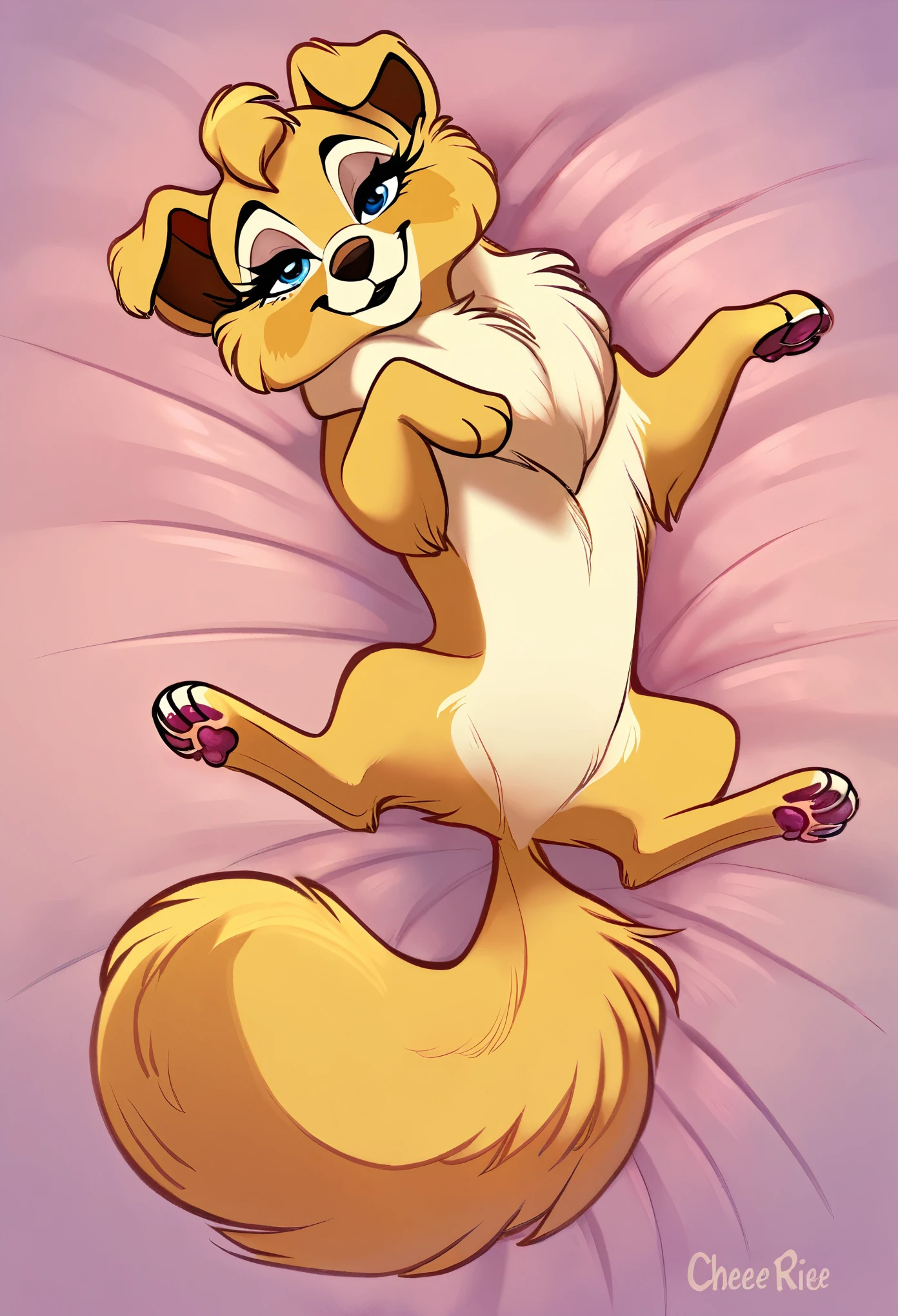 chee-riee, disney lady and the tramp, angel(lady and the tramp)canid, canine canis domestic dog, mammal, pomeranian, spitz, absurd res, hi res, bedroom eyes, blue eyes, brown nose, cheek tuft, eyelashes, facial tuft, female, feral, fluffy, fluffy tail, fur, half closed eyes, head tuft looking at viewer, lying narrowed eyes, on back, one ear up pawpads, paws, purple eyes, seductive, simple background, smile, solo, spread legs, spreading, tail, tuft, yellow body, yellow fu,