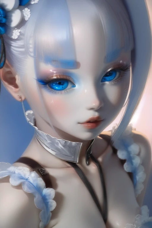 Anime girl with white hair and expressive blue eyes, Abundant breasts and sensual curves, Young realistic anime girl, Realistic anime art style, Anime style,,8K, Attractive