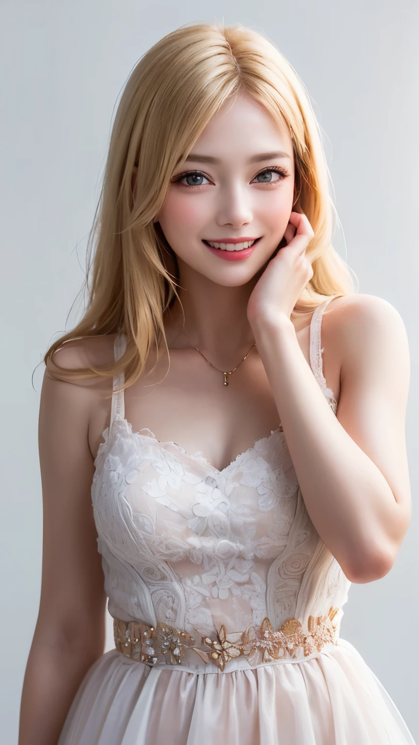 (highest quality、8k、32k、masterpiece)、(Realistic)、(Photorealistic:1.2)、(High resolution)、Very detailed、Very beautiful face and eyes、1 girl、Round and small face、Narrow waist、Delicate body、(close、highest quality、Attention to detail、Rich skin detail)、(highest quality、8k、Oil paint:1.2)、Very detailed、(Realistic、Realistic:1.37)、Bright colors、(((Blonde)))、(((Bust Shot)))、(((Long Hair)))、(((Pure white wall background)))、(((Pure white wall background)))、(((Floral dress)))、(((She has a happy expression)))、(((smile)))、(((Wearing a white and pink dress)))、(((Look straight ahead)))、(((Long golden hair)))、(((Teeth are visible)))、(((He is stroking his cheek with his right hand)))