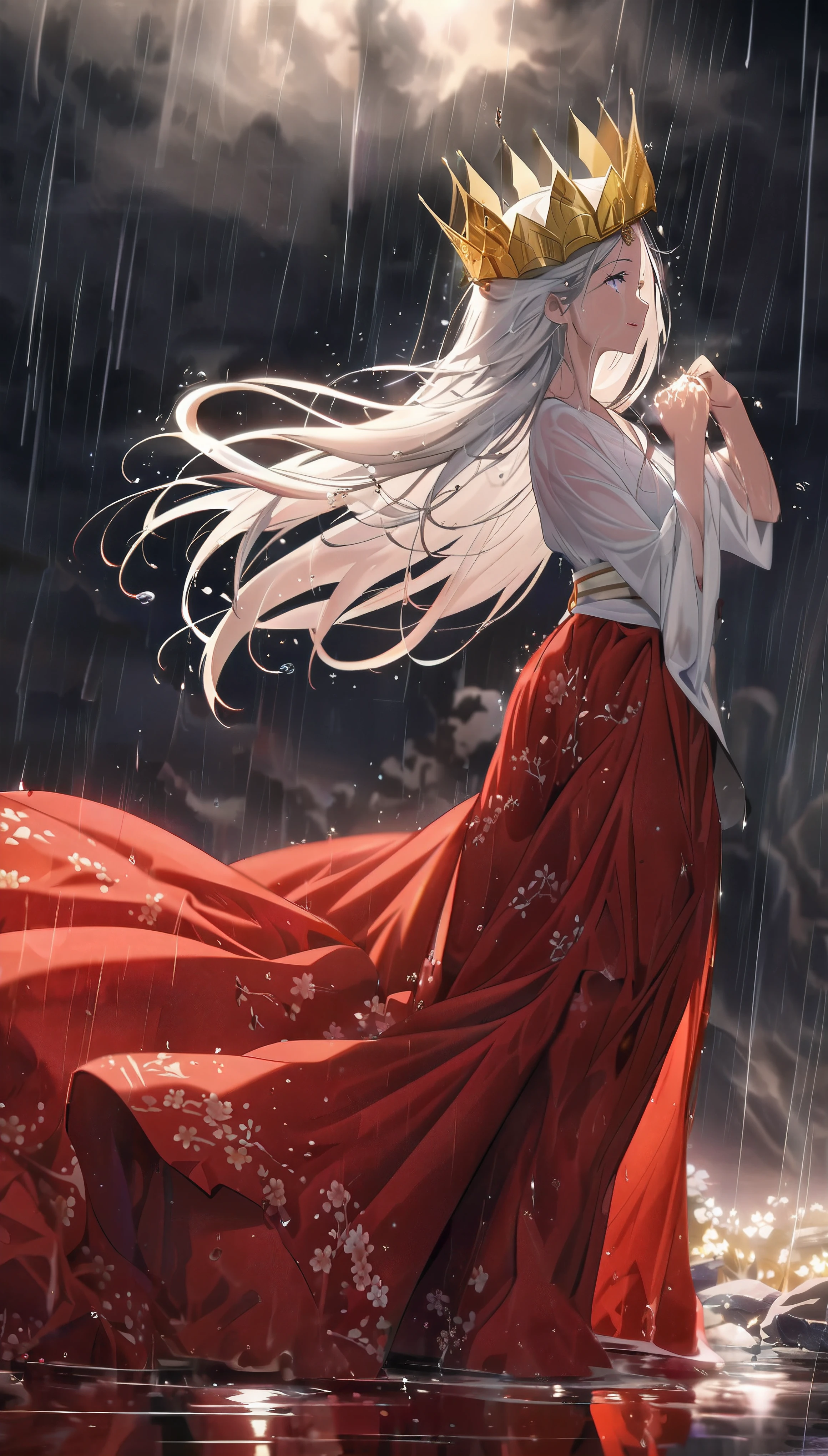 beautiful anime girl, red dress, crown, flowing white hair, elegant long hair and robe, detailed eyes, detailed lips, hd anime wallpaper, anime style, 8k anime artwork, 4k anime wallpaper