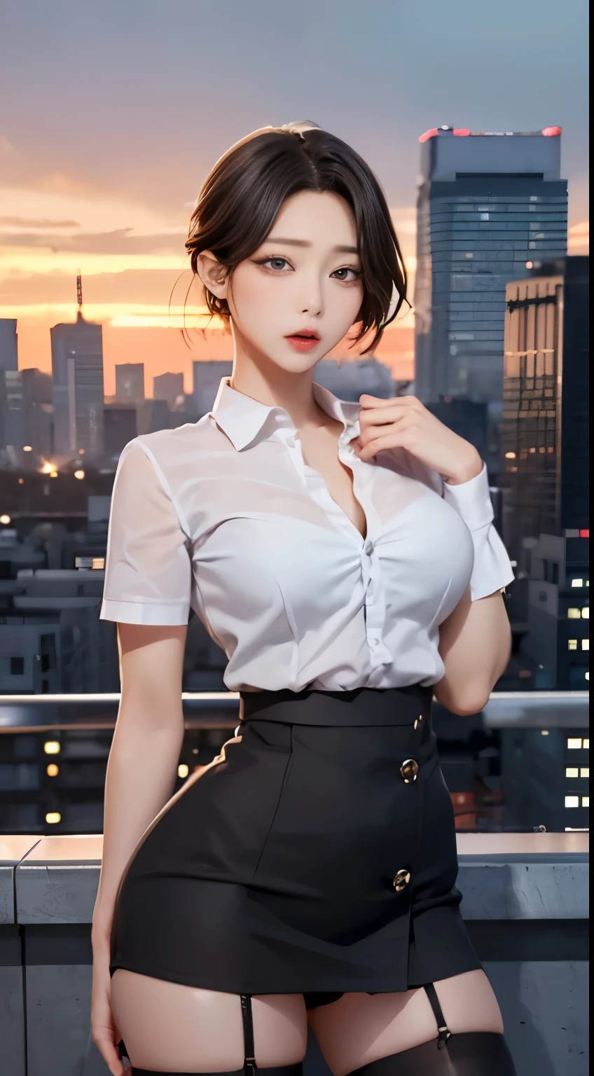 4K quality、最high qualityの傑作、, (Heavy makeup), Blurred city background at sunrise, short hair, Detailed face, high quality, High resolution、(Full Shot:1.8), Large Breasts、Black shirt and skirt、garter belt and black stockings