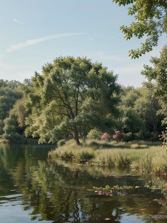 colourful watercolour background of lakes and tree in the style of claude monet